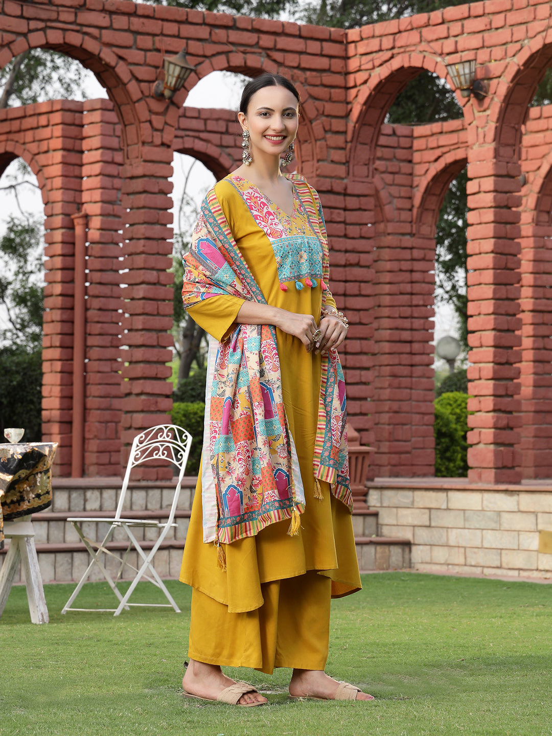 Women's Mustard Solid Cotton A-Line Kurta Palazzo Dupatta Set (KPDMUST