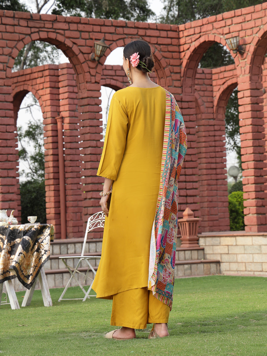 Women's Mustard Solid Cotton A-Line Kurta Palazzo Dupatta Set (KPDMUST