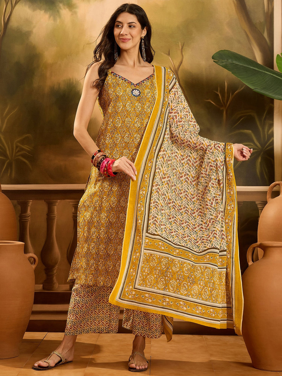 Stylum Women's Mustard Ethnic Motif Printed Cotton Straight Kurta Palazzo Dupatta Set (KPDMUSTARDMUMBA)