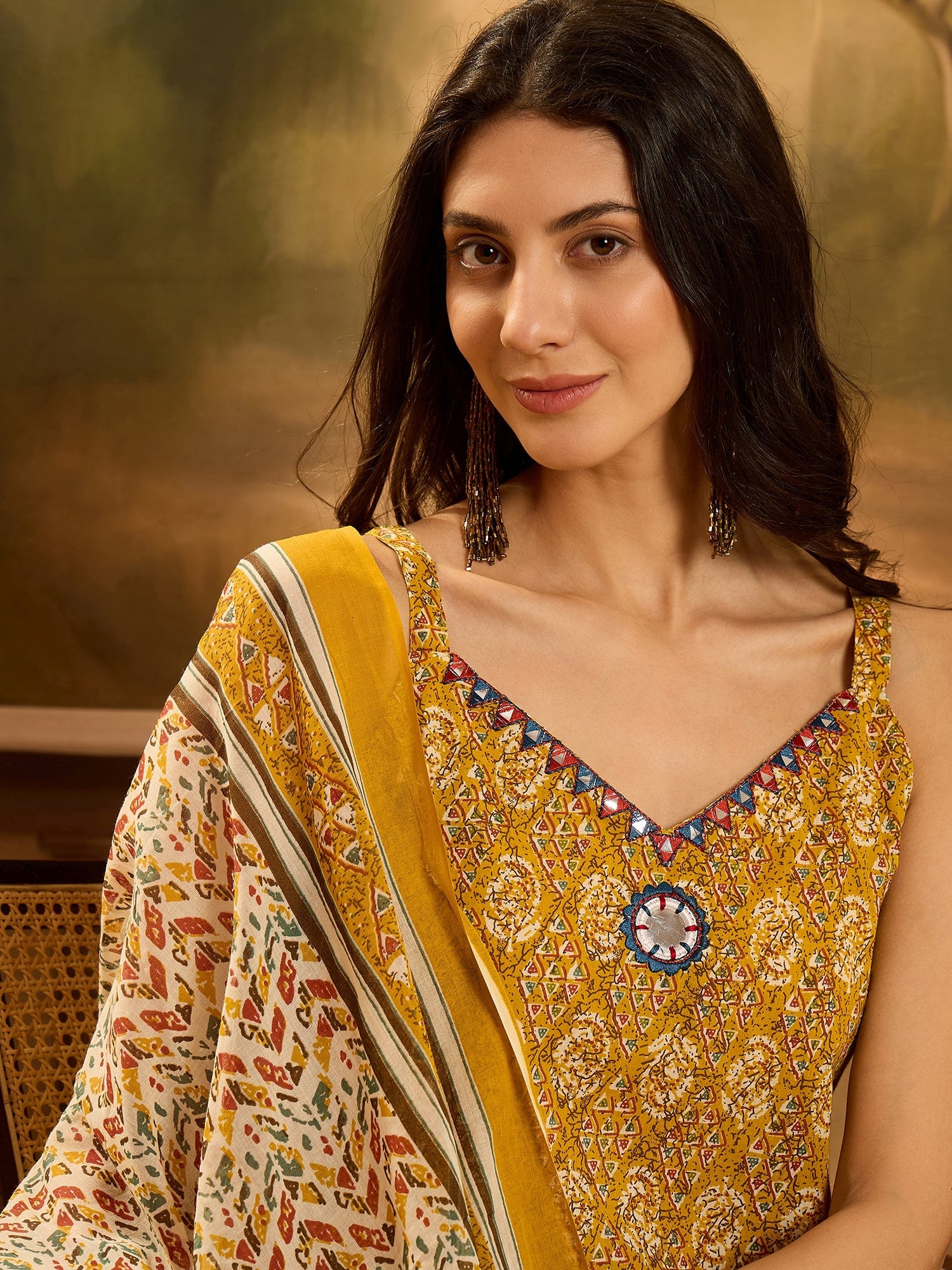 Women's Mustard Ethnic Motif Printed Cotton Straight Kurta Palazzo Dup