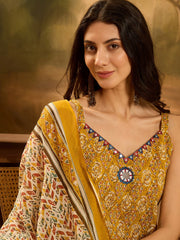 Stylum Women's Mustard Ethnic Motif Printed Cotton Straight Kurta Palazzo Dupatta Set (KPDMUSTARDMUMBA)