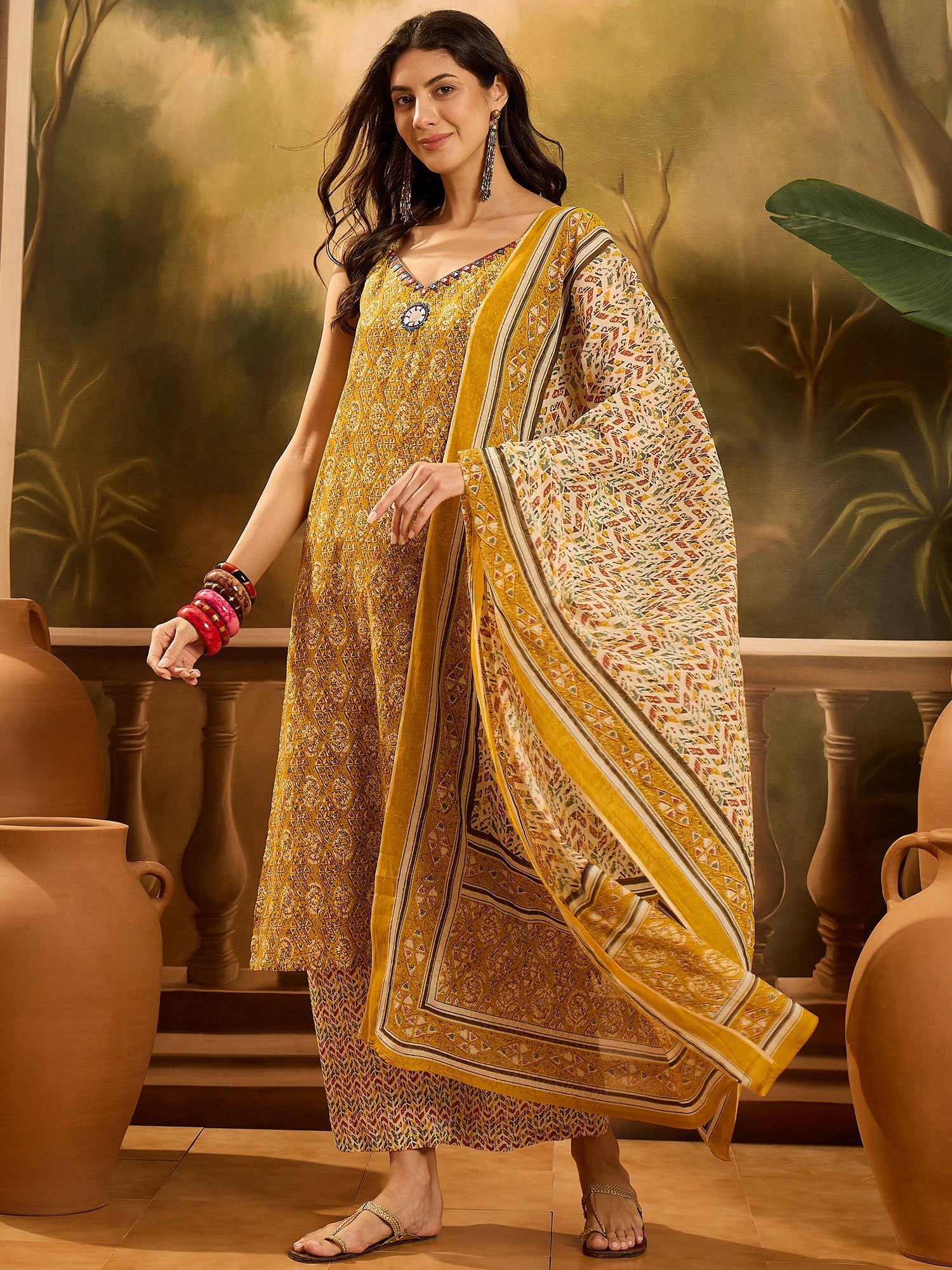 Women's Mustard Ethnic Motif Printed Cotton Straight Kurta Palazzo Dup