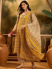 Stylum Women's Mustard Ethnic Motif Printed Cotton Straight Kurta Palazzo Dupatta Set (KPDMUSTARDMUMBA)