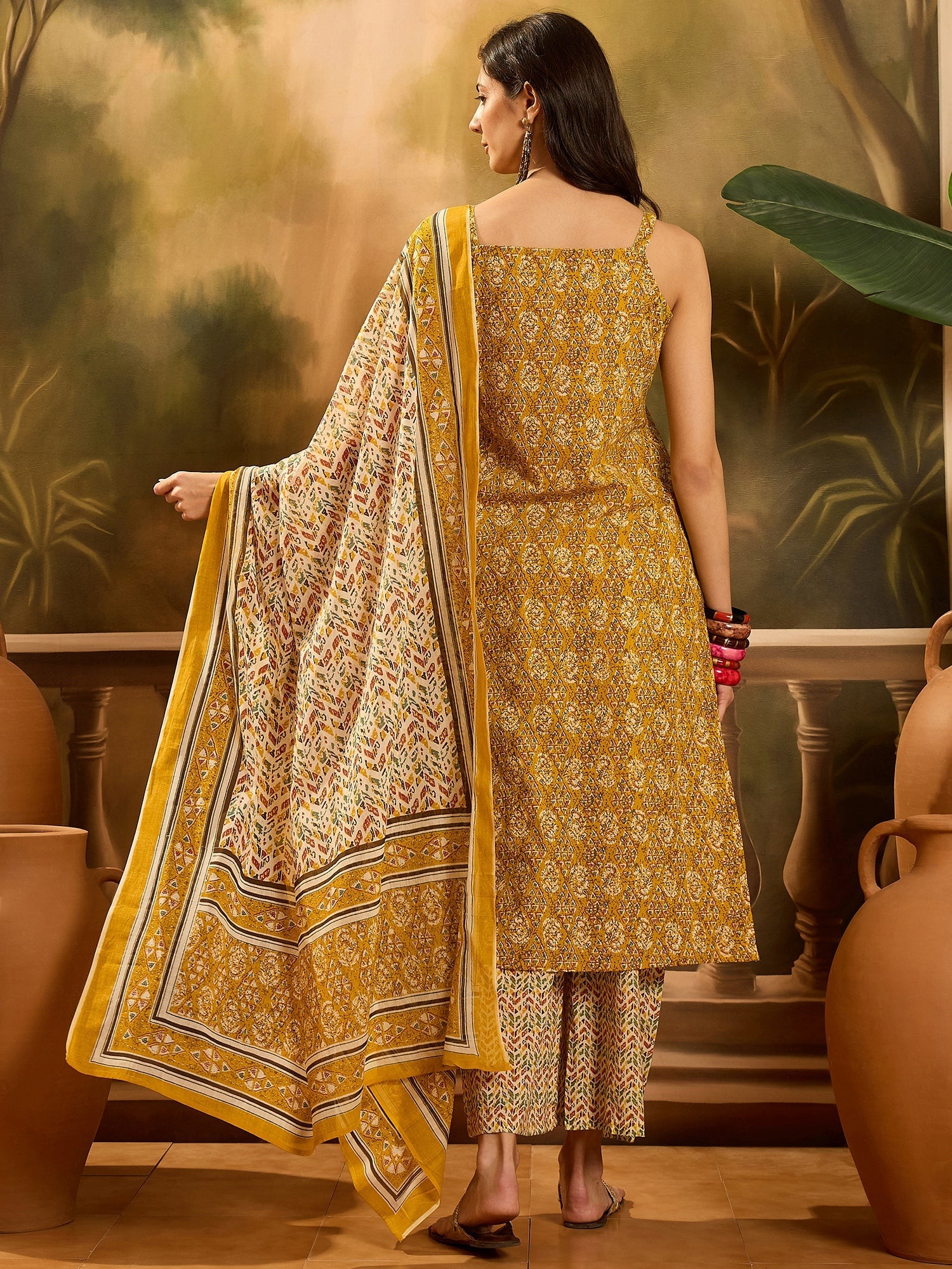 Women's Mustard Ethnic Motif Printed Cotton Straight Kurta Palazzo Dup