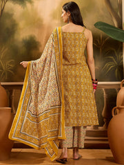 Stylum Women's Mustard Ethnic Motif Printed Cotton Straight Kurta Palazzo Dupatta Set (KPDMUSTARDMUMBA)