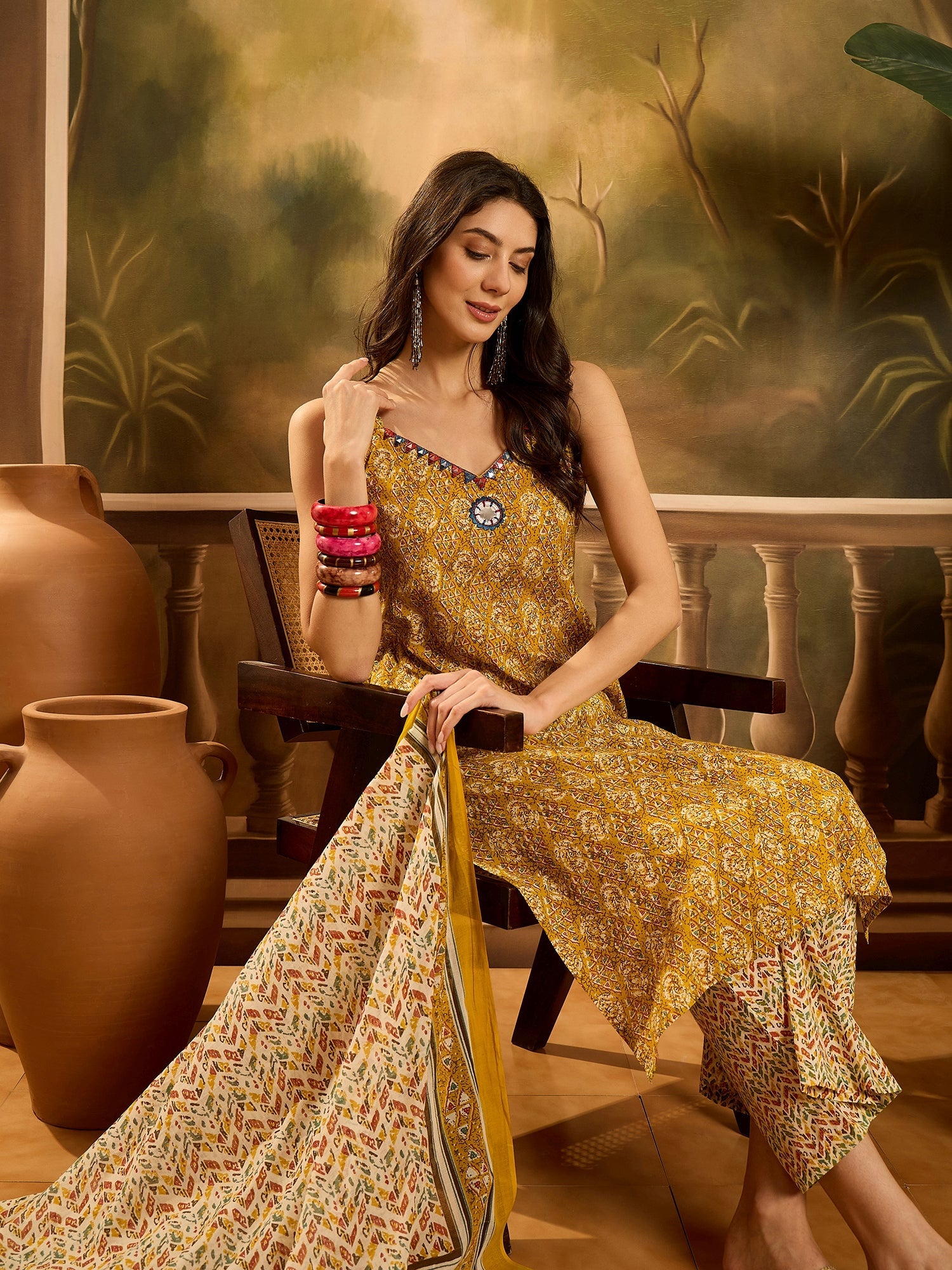 Women's Mustard Ethnic Motif Printed Cotton Straight Kurta Palazzo Dup