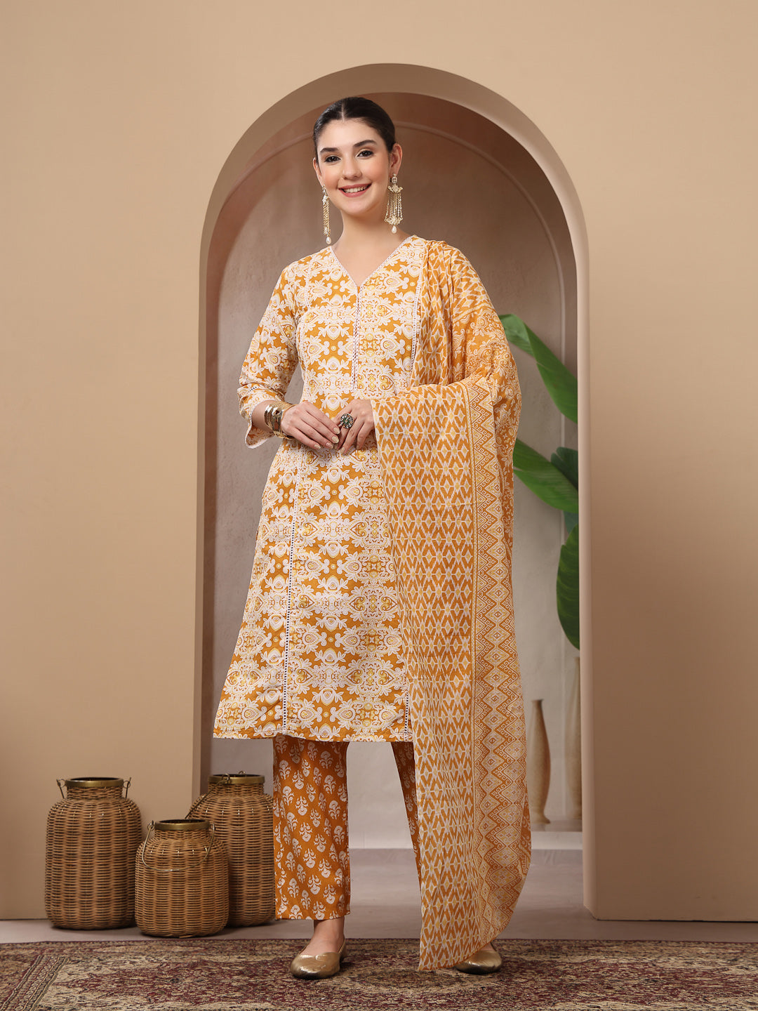 Stylum Women's Mustard Ethnic Printed Cotton Straight Kurta Pant Dupatta Set (KPDMUSTARDRAJ)