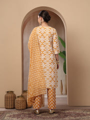 Stylum Women's Mustard Ethnic Printed Cotton Straight Kurta Pant Dupatta Set (KPDMUSTARDRAJ)