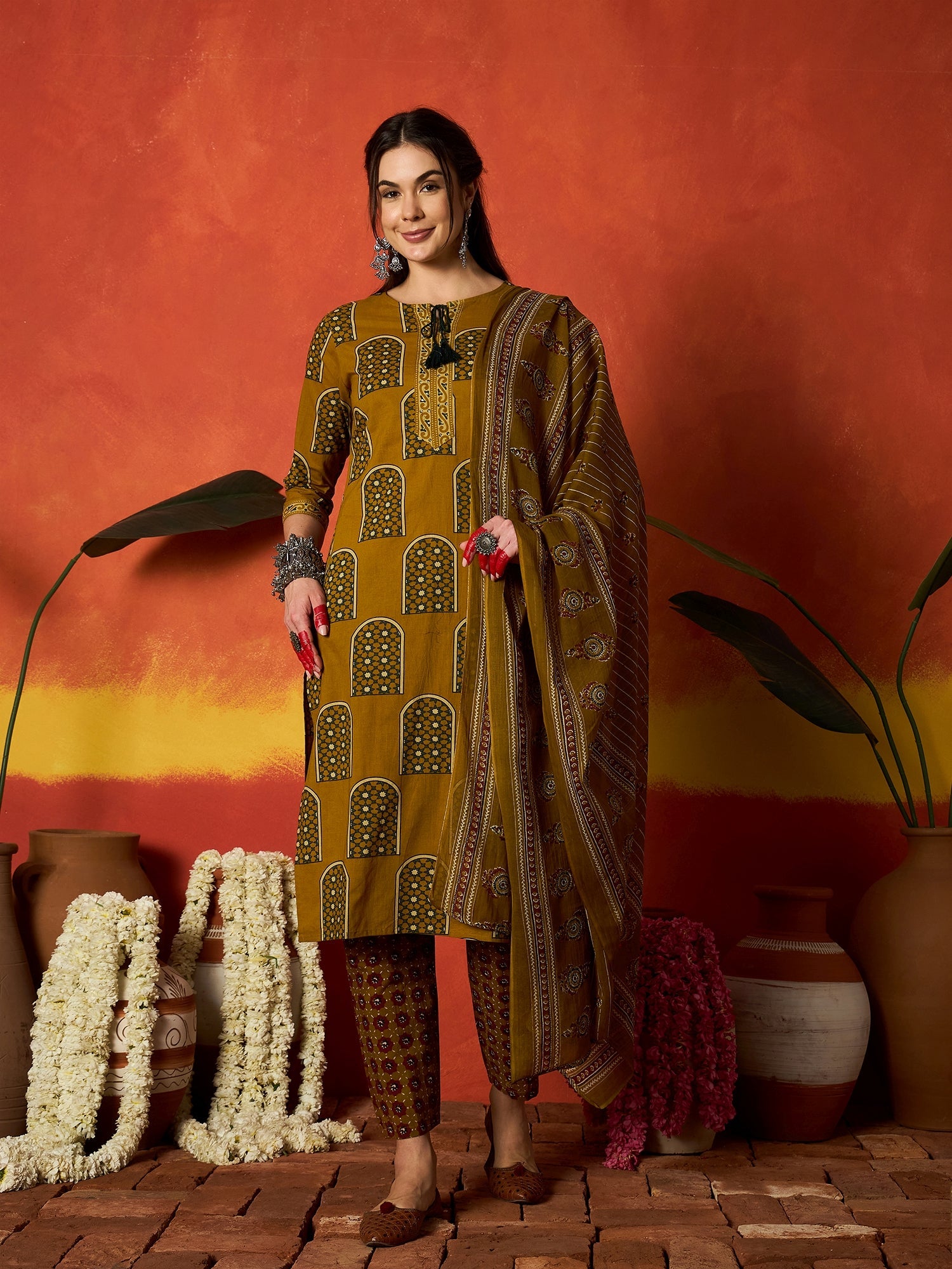 Women's Mustard Printed Cotton Straight Kurta Pant Dupatta Set (KPDMUS