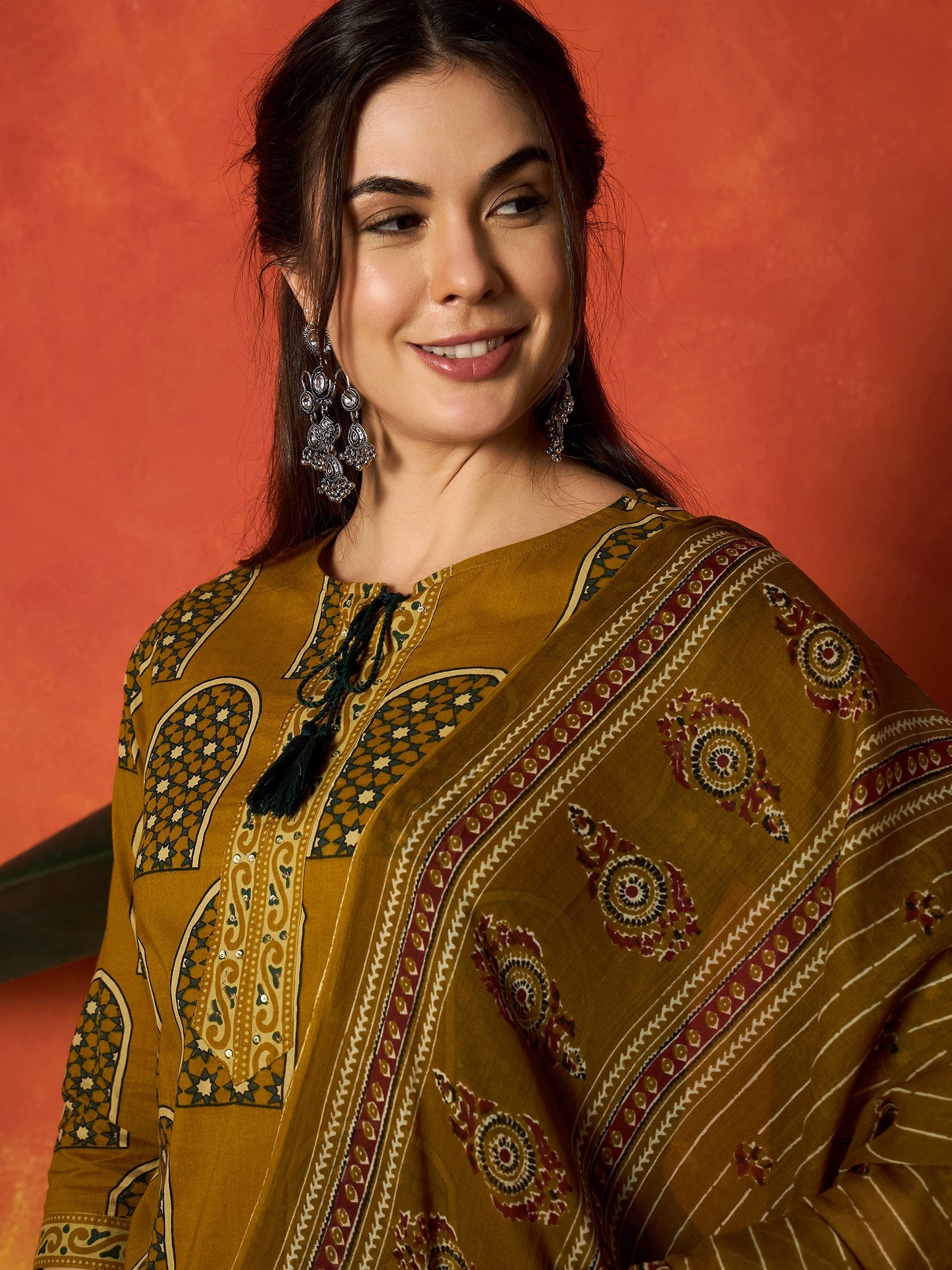 Women's Mustard Printed Cotton Straight Kurta Pant Dupatta Set (KPDMUS