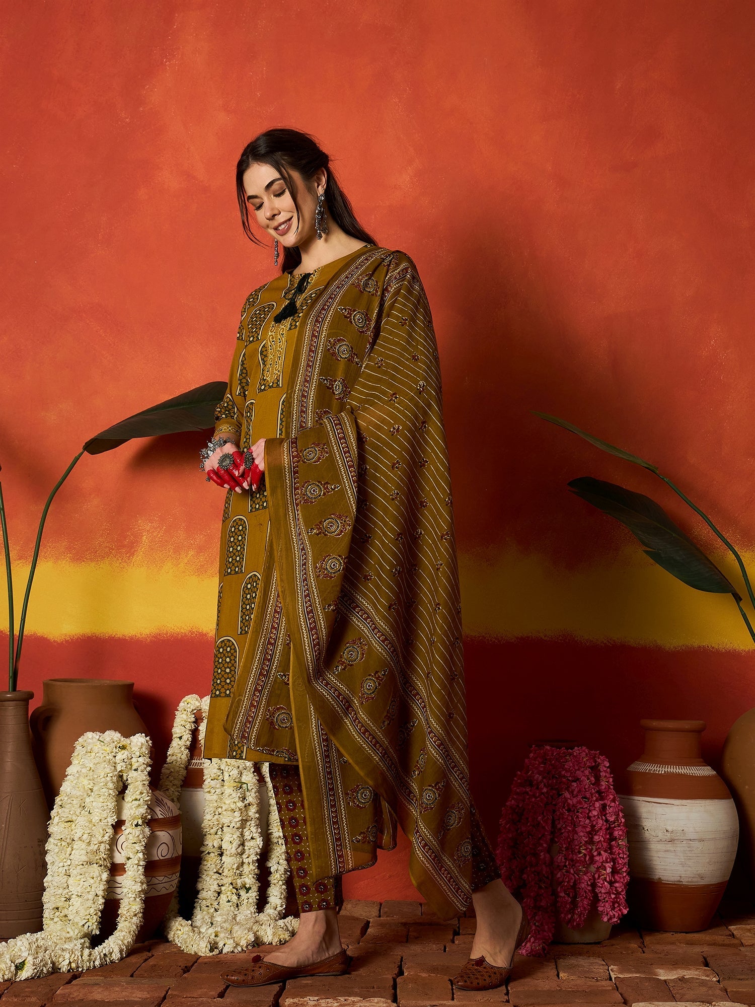 Women's Mustard Printed Cotton Straight Kurta Pant Dupatta Set (KPDMUS