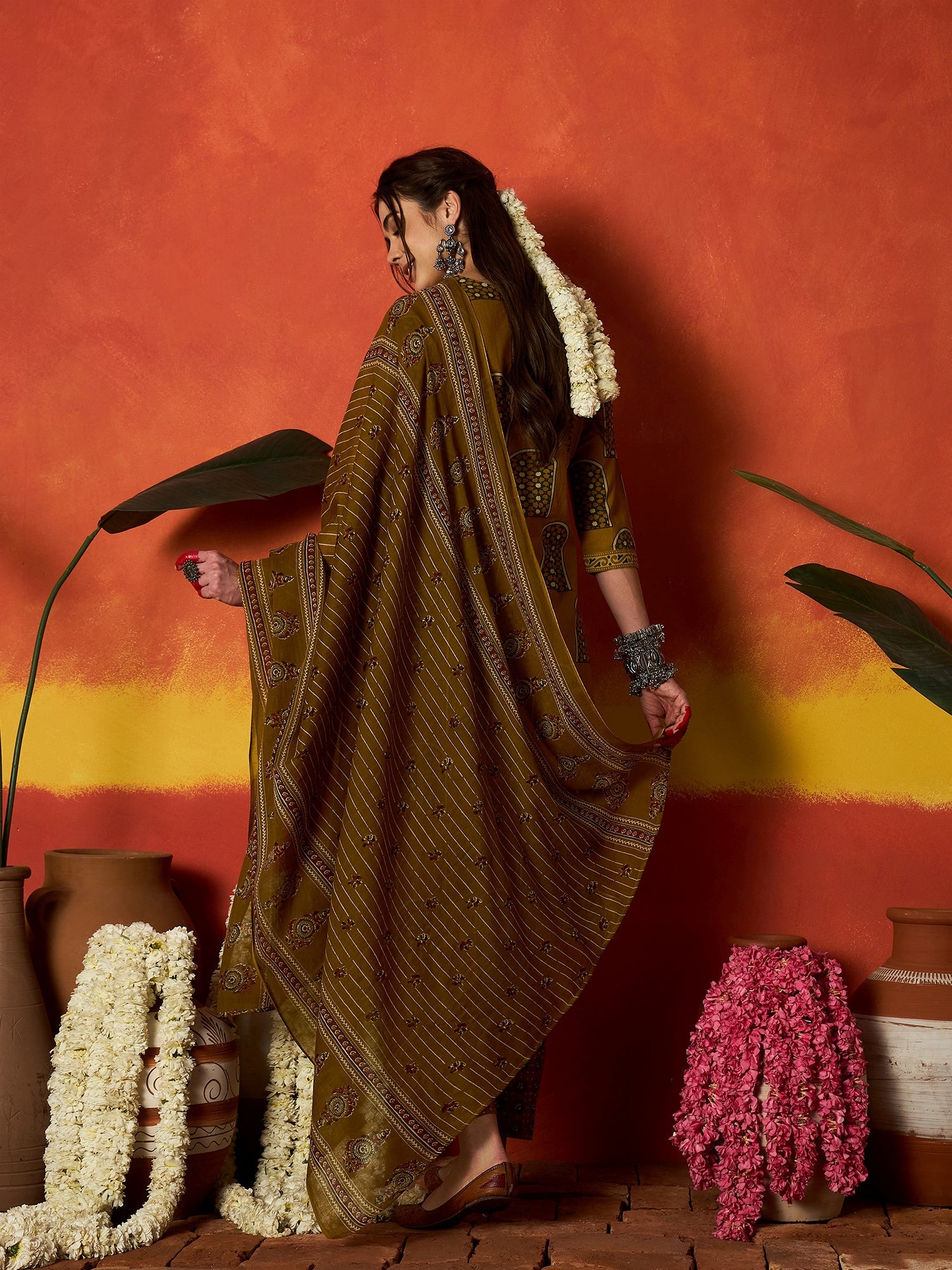 Women's Mustard Printed Cotton Straight Kurta Pant Dupatta Set (KPDMUS