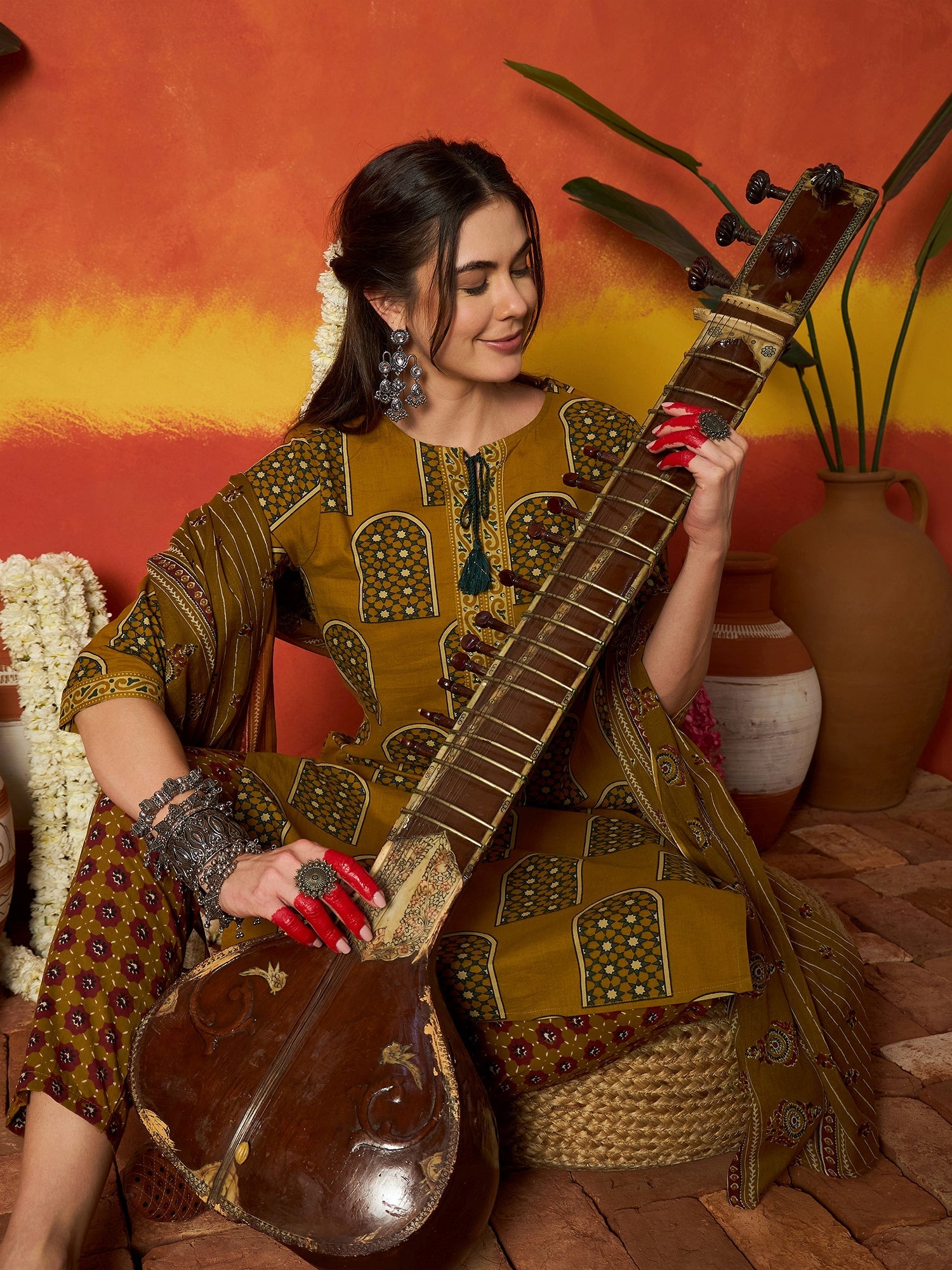 Women's Mustard Printed Cotton Straight Kurta Pant Dupatta Set (KPDMUS