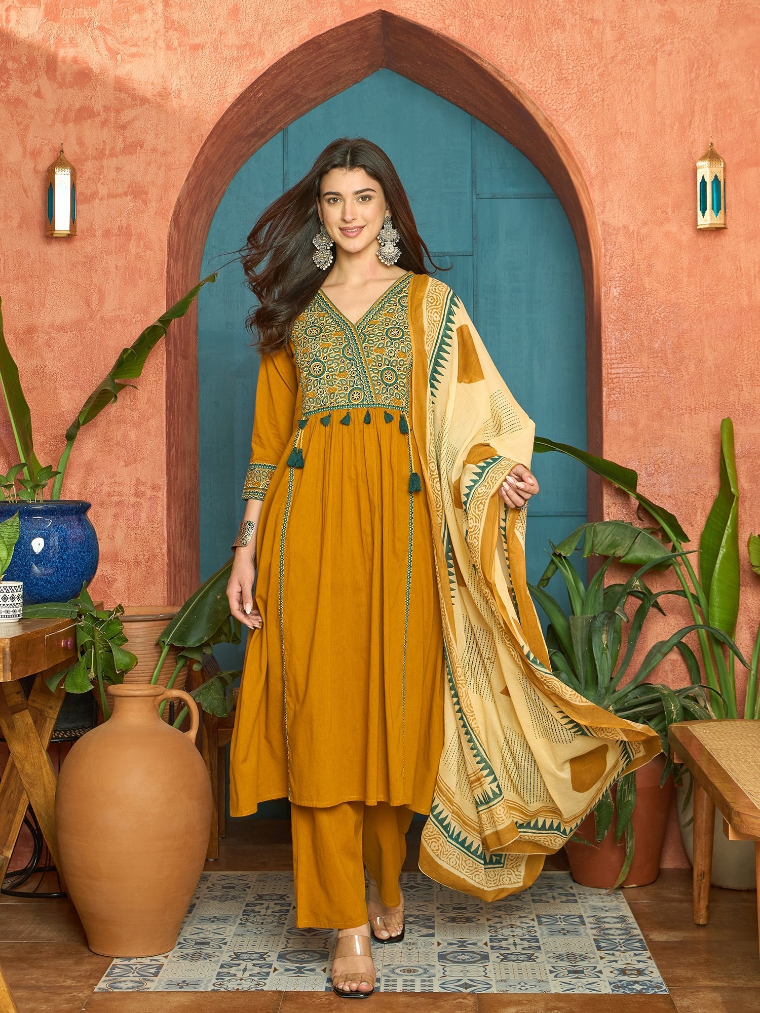 Women's Mustard Solid Cotton Straight Kurta Pant Dupatta Set (KPDMUSTP
