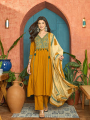 Stylum Women's Mustard Solid Cotton Straight Kurta Pant Dupatta Set (KPDMUSTPANNA)