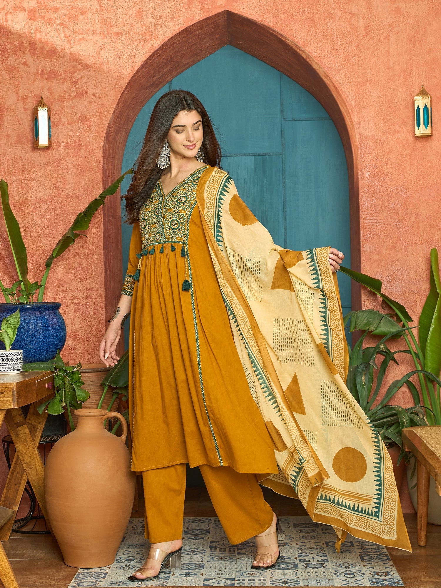 Women's Mustard Solid Cotton Straight Kurta Pant Dupatta Set (KPDMUSTP