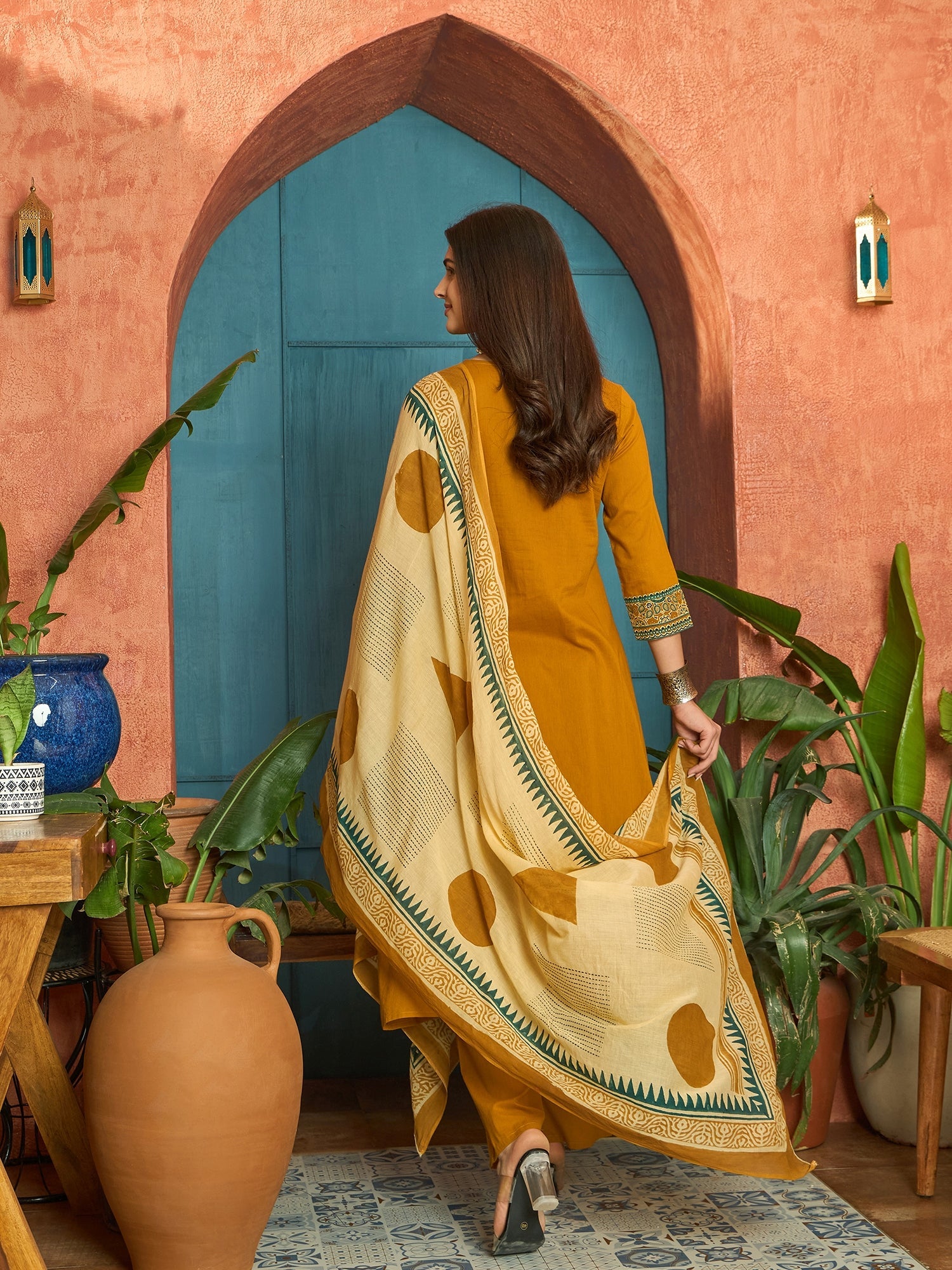 Women's Mustard Solid Cotton Straight Kurta Pant Dupatta Set (KPDMUSTP