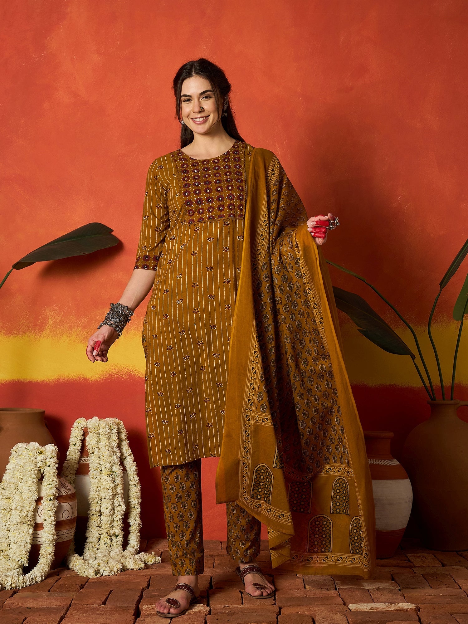 Women's Mustard Striped & Floral Printed Cotton Straight Kurta Pant Du