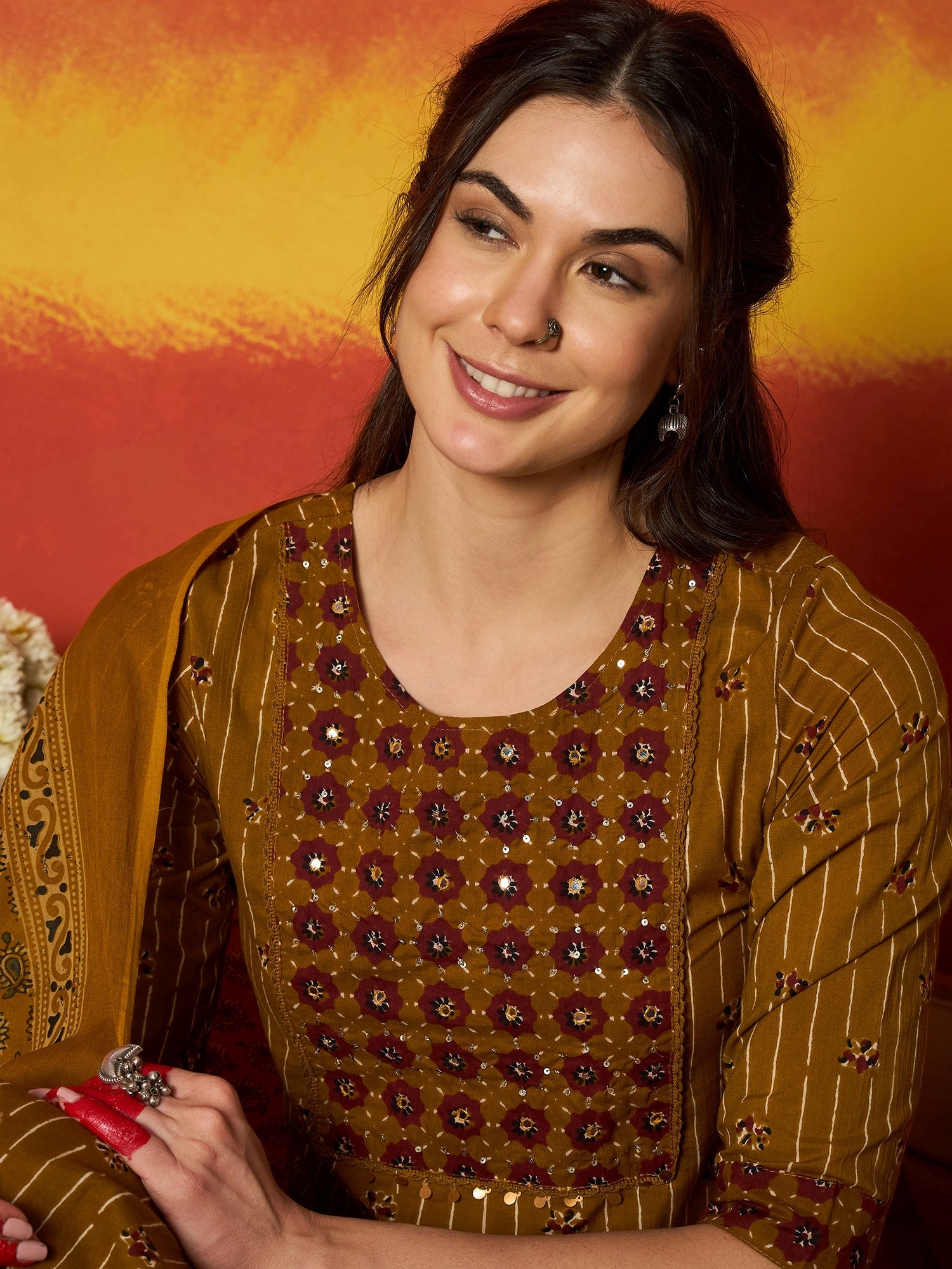 Women's Mustard Striped & Floral Printed Cotton Straight Kurta Pant Du