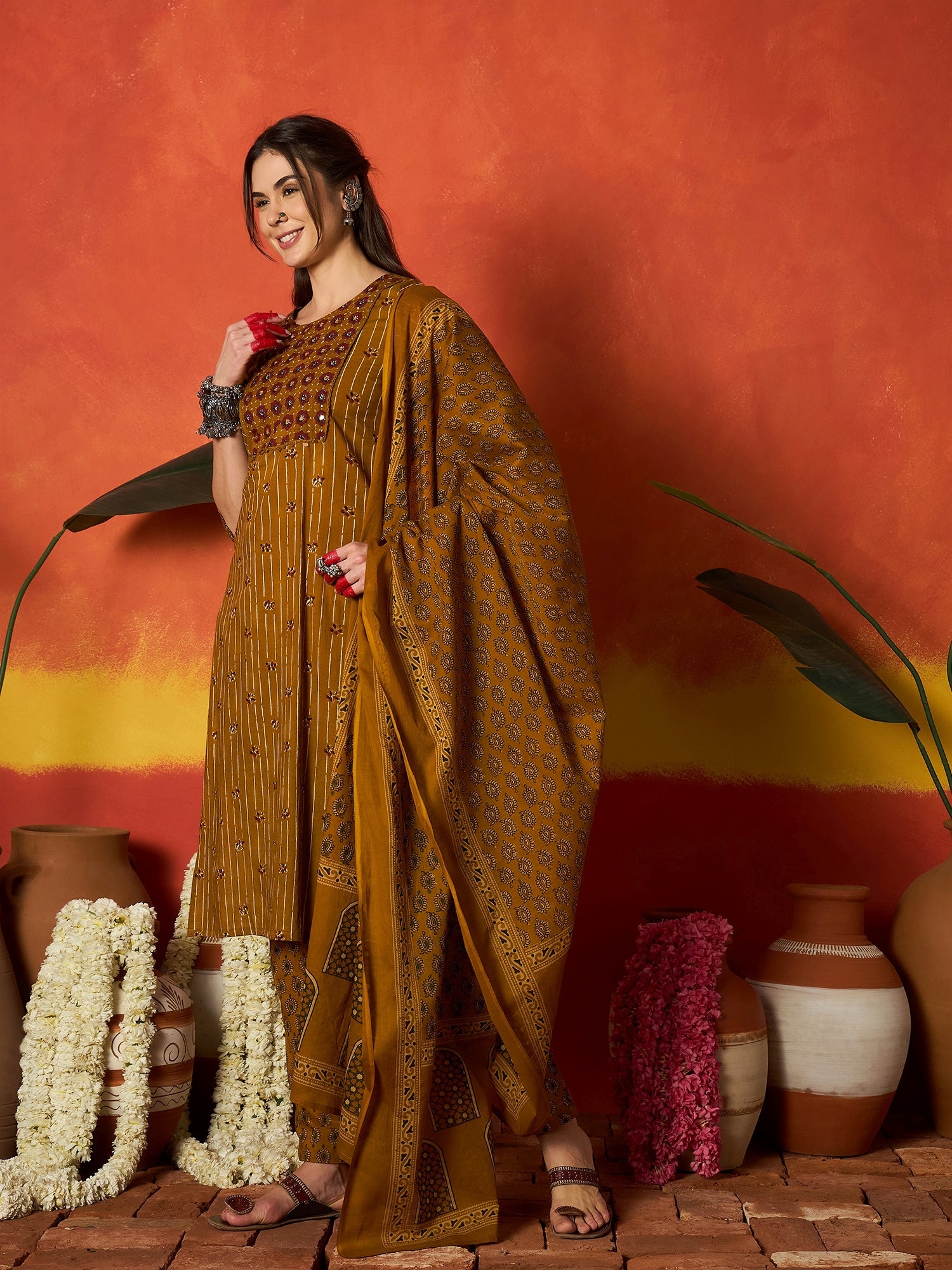 Women's Mustard Striped & Floral Printed Cotton Straight Kurta Pant Du
