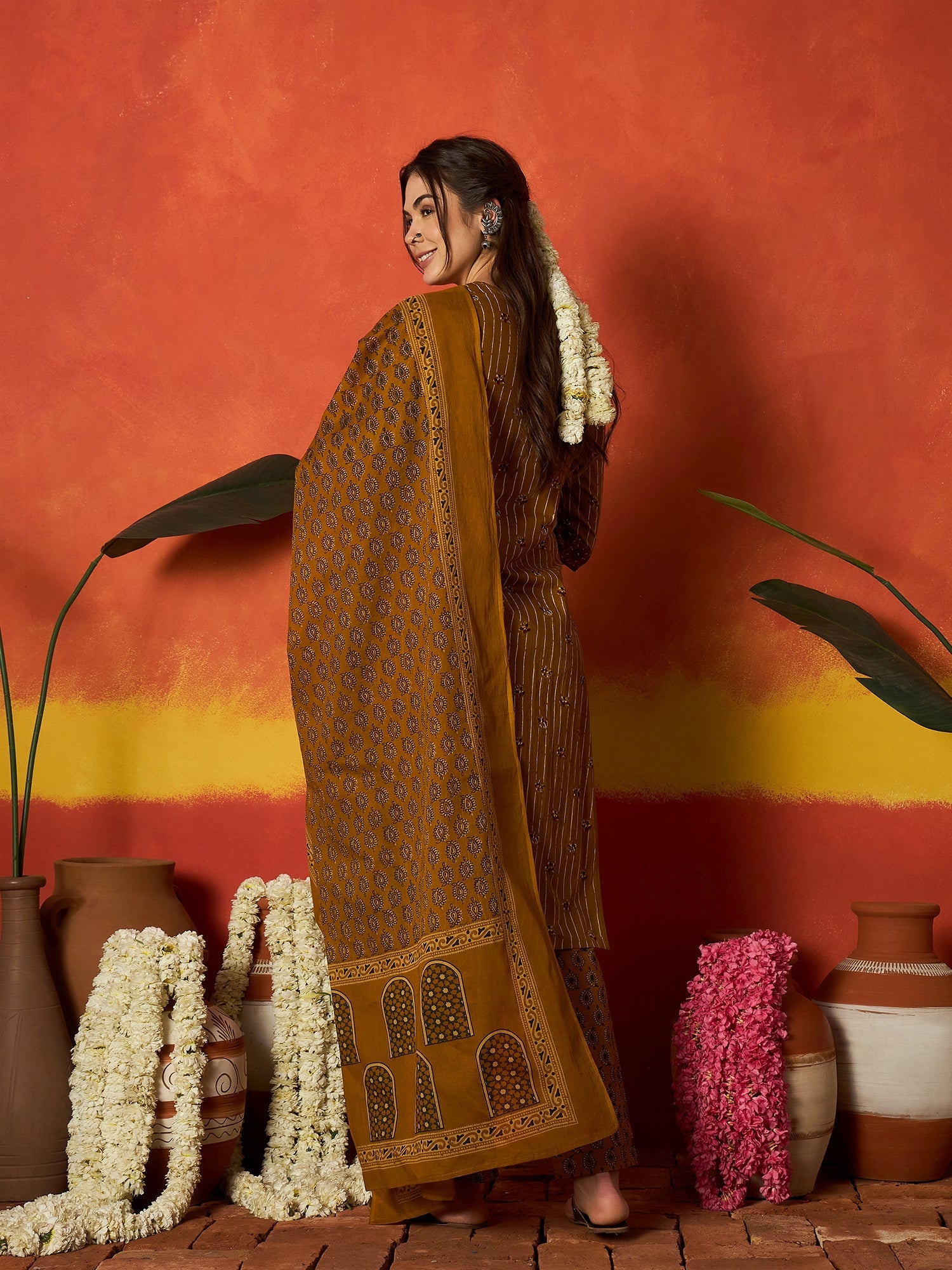 Women's Mustard Striped & Floral Printed Cotton Straight Kurta Pant Du