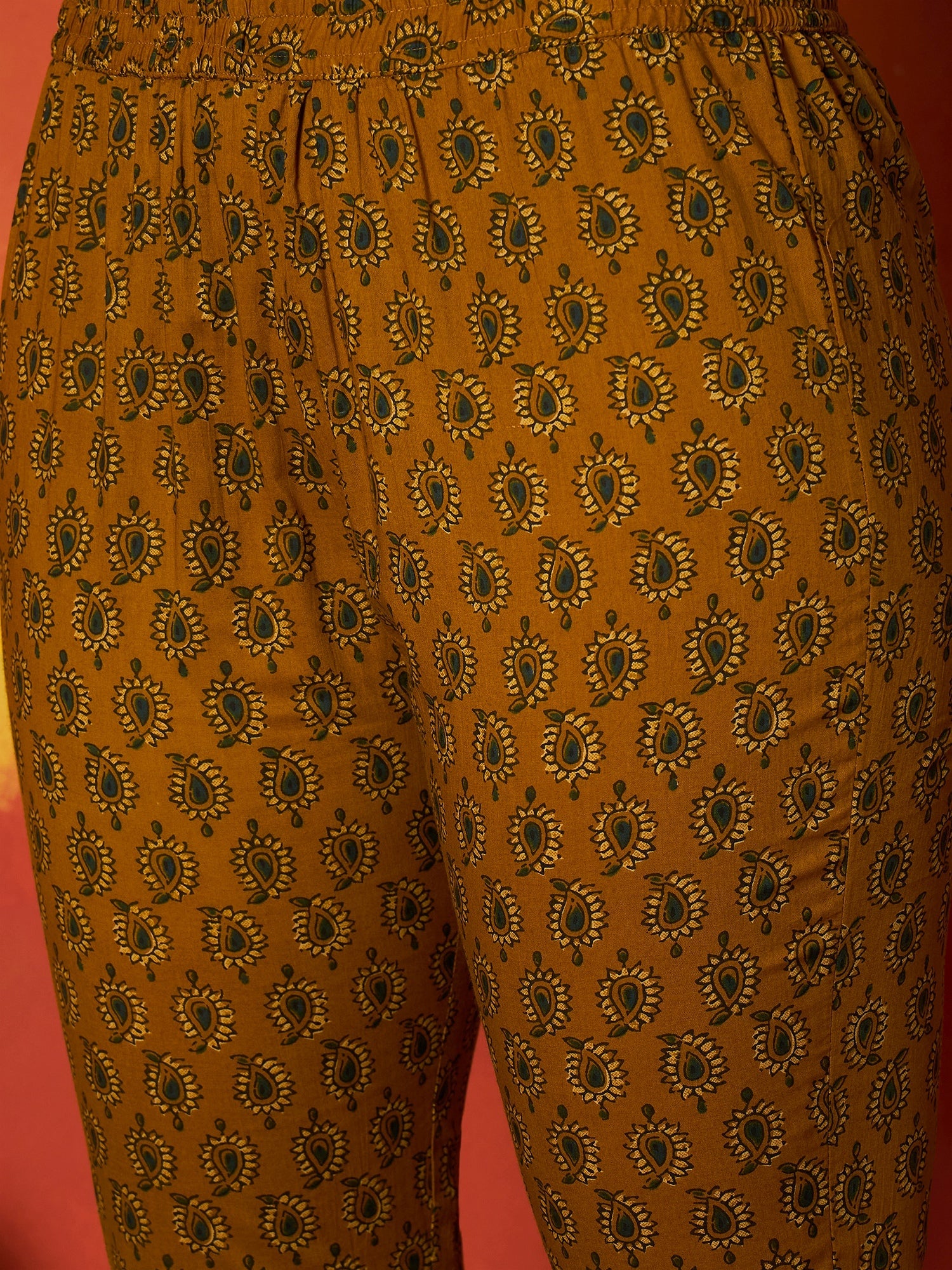 Women's Mustard Striped & Floral Printed Cotton Straight Kurta Pant Du