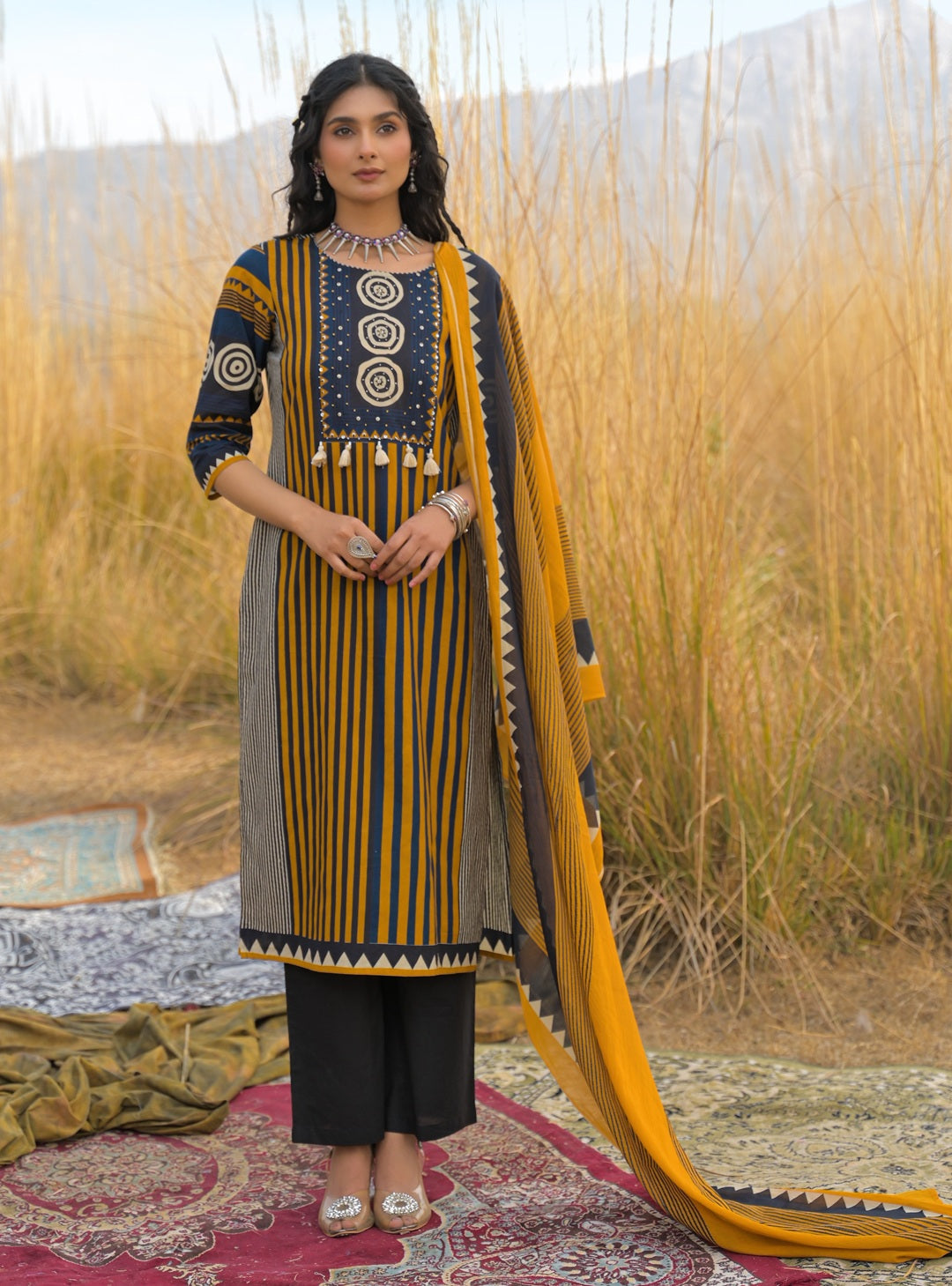 Women's Mustard Striped Printed Cotton Straight Kurta Pant Dupatta Set
