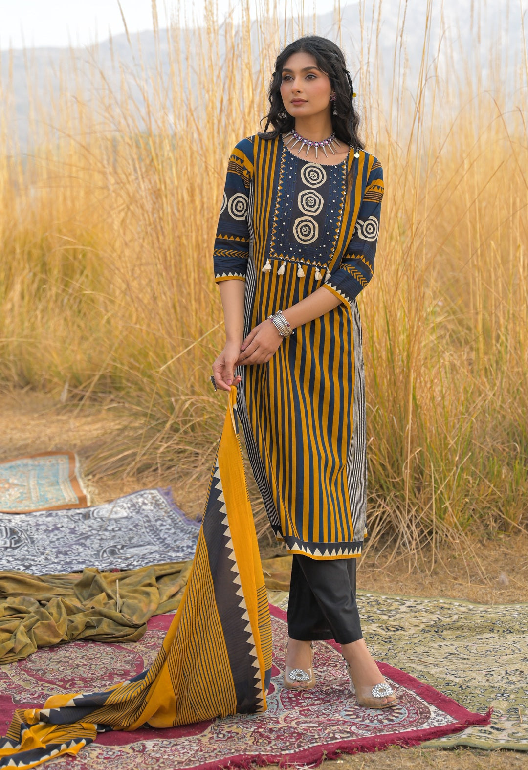 Women's Mustard Striped Printed Cotton Straight Kurta Pant Dupatta Set
