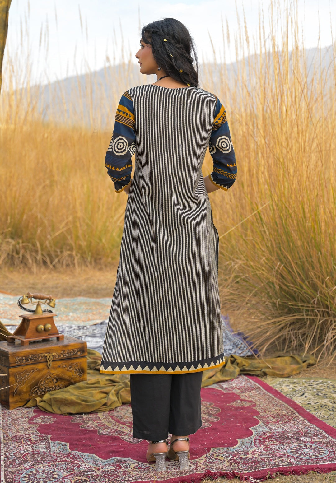 Women's Mustard Striped Printed Cotton Straight Kurta Pant Dupatta Set