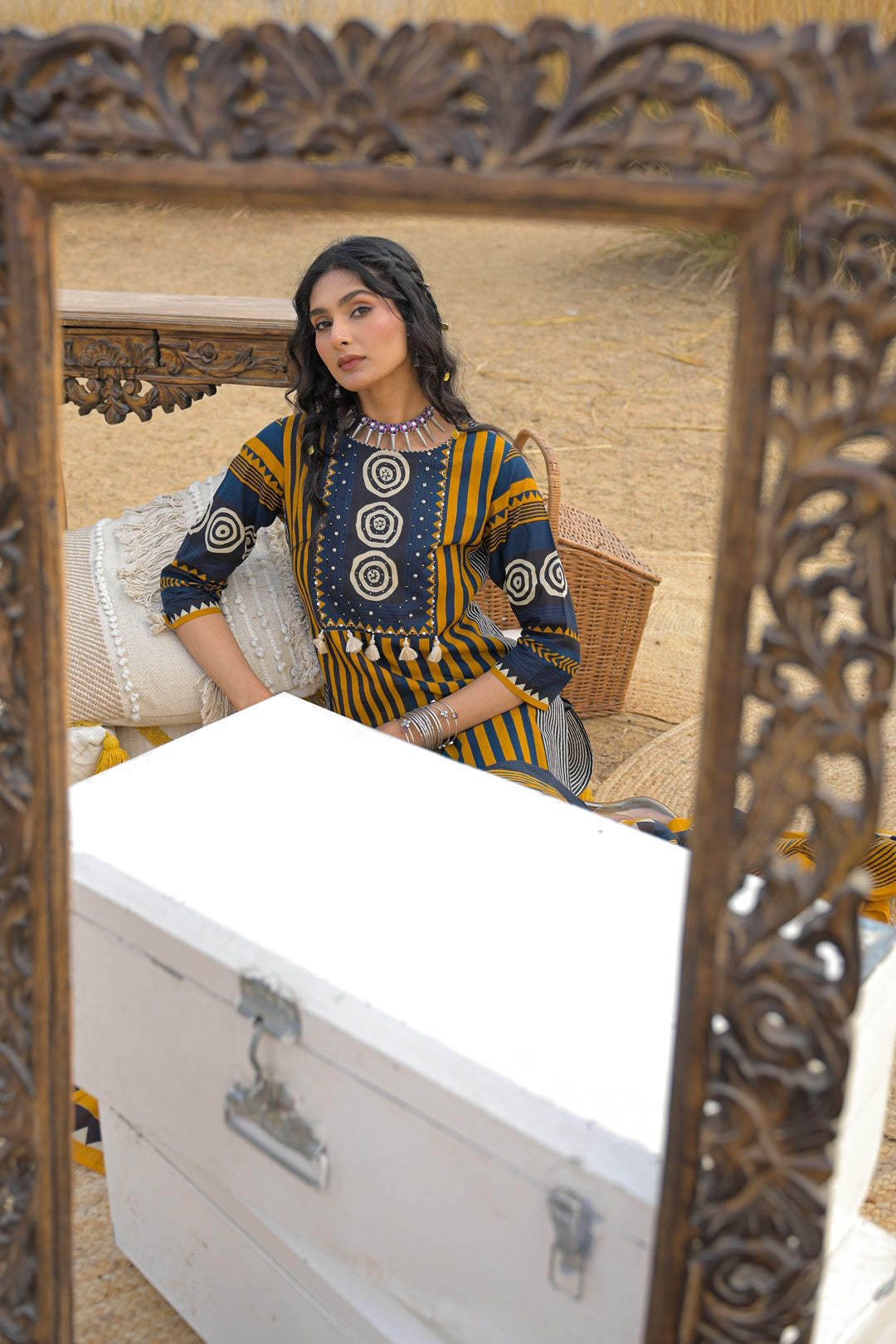 Women's Mustard Striped Printed Cotton Straight Kurta Pant Dupatta Set