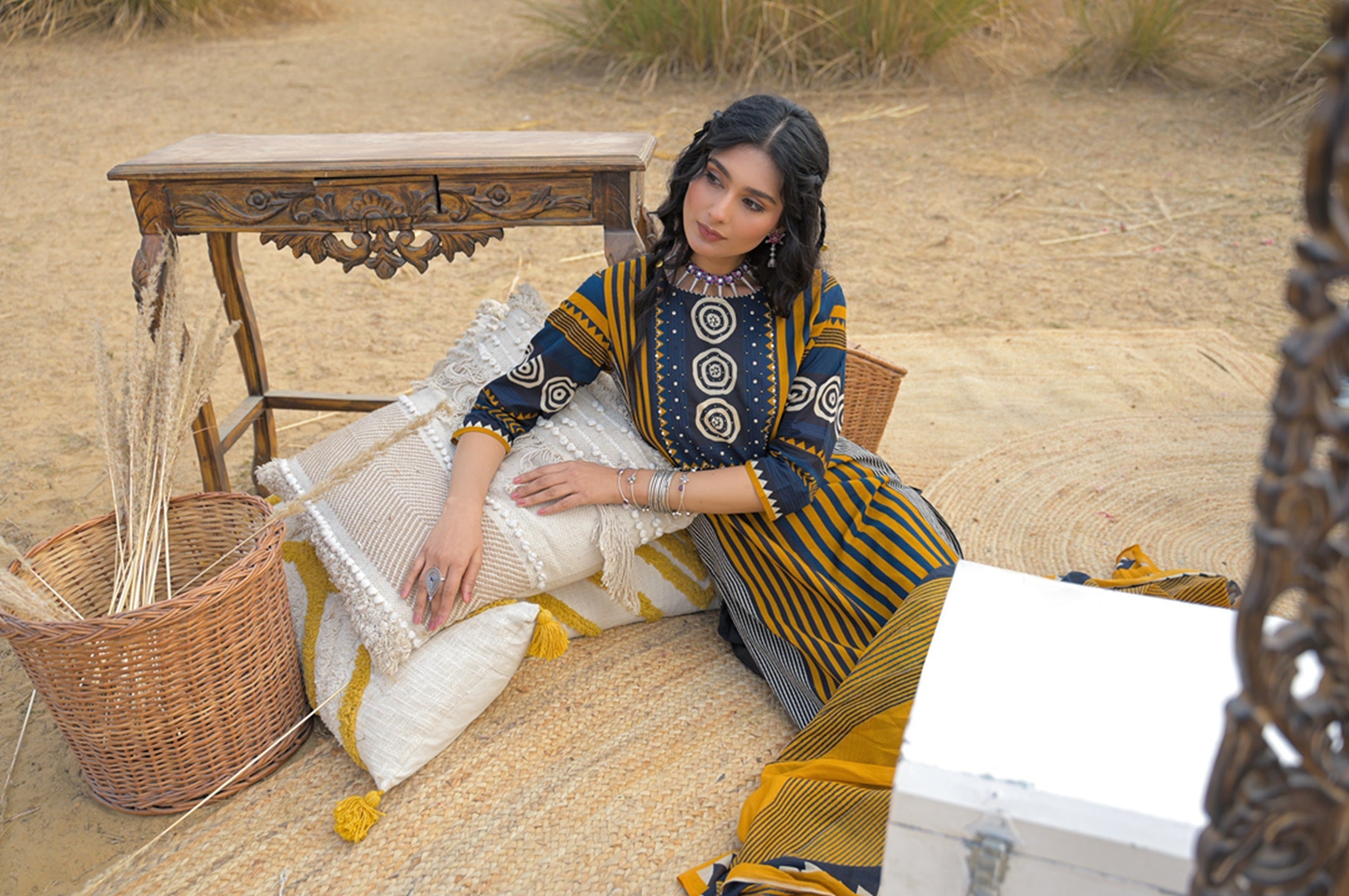 Women's Mustard Striped Printed Cotton Straight Kurta Pant Dupatta Set