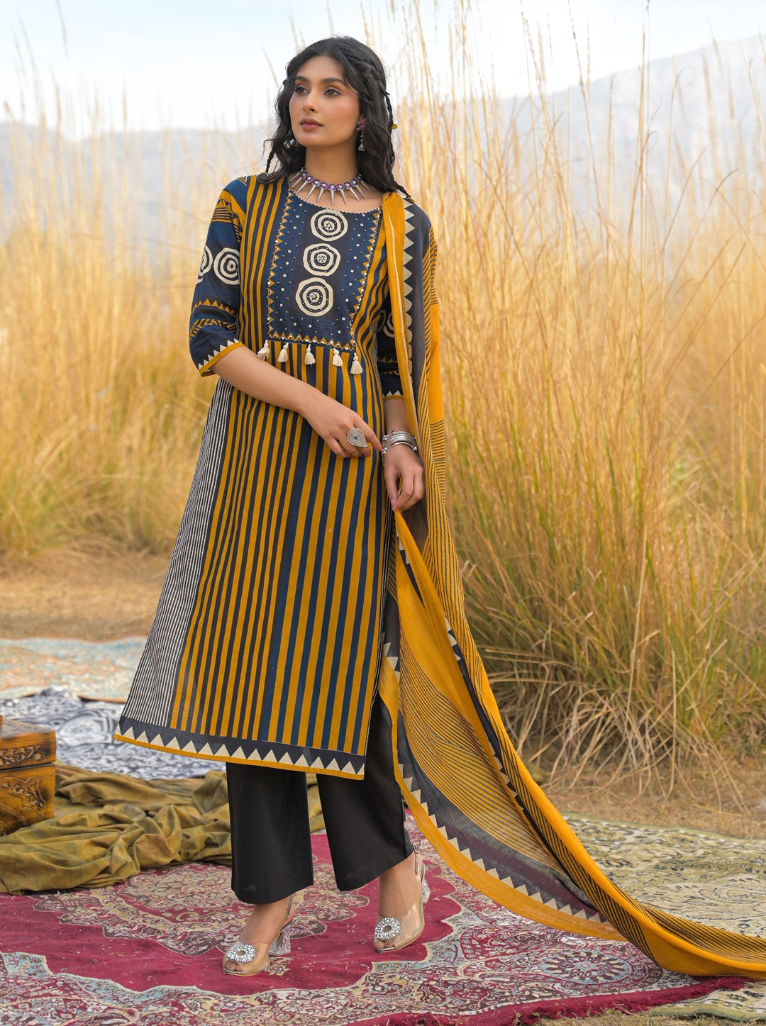 Women's Mustard Striped Printed Cotton Straight Kurta Pant Dupatta Set