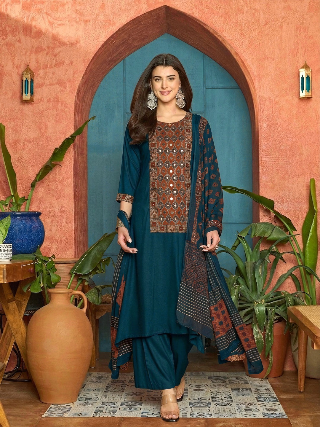 Women's Navy Solid Rayon A-Line Kurta Palazzo Dupatta Set (KPDNAVYKORA