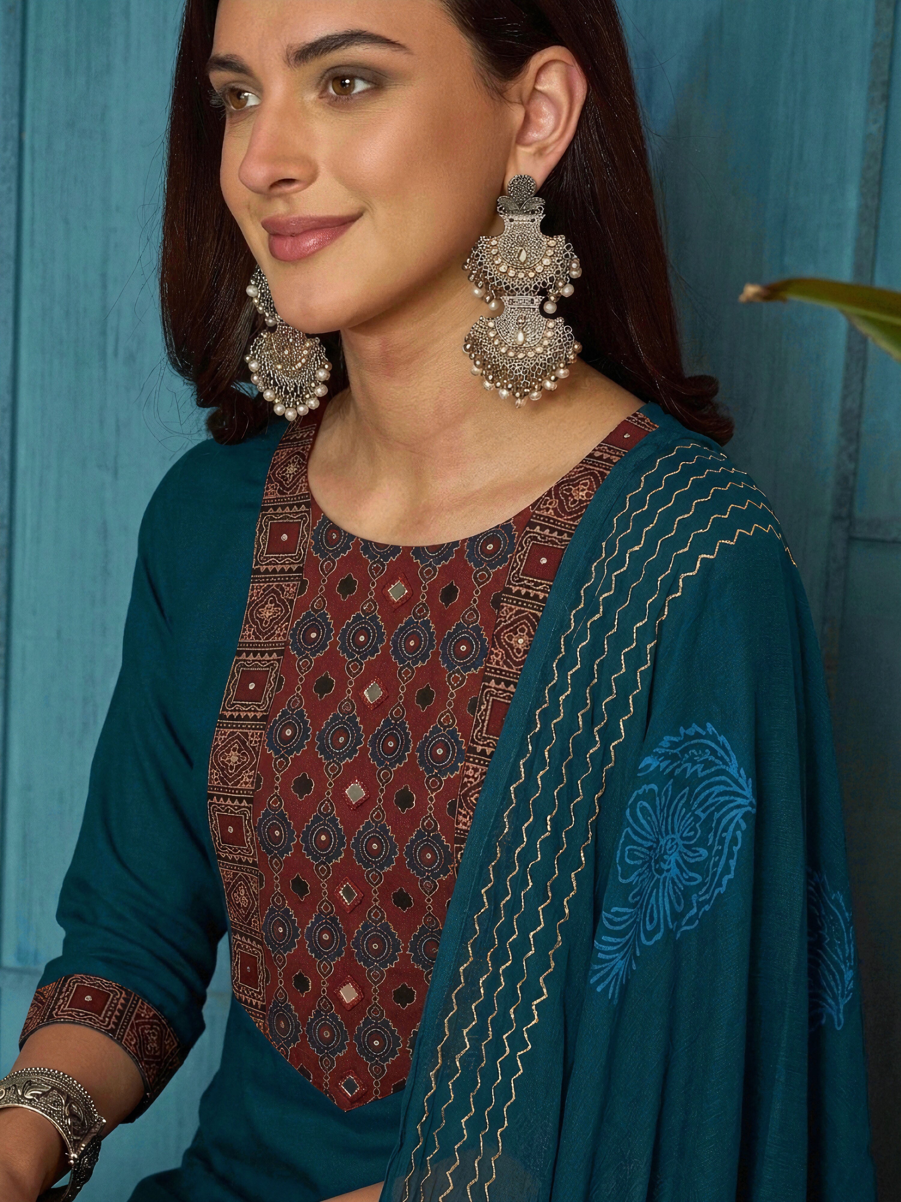 Women's Navy Solid Rayon A-Line Kurta Palazzo Dupatta Set (KPDNAVYKORA