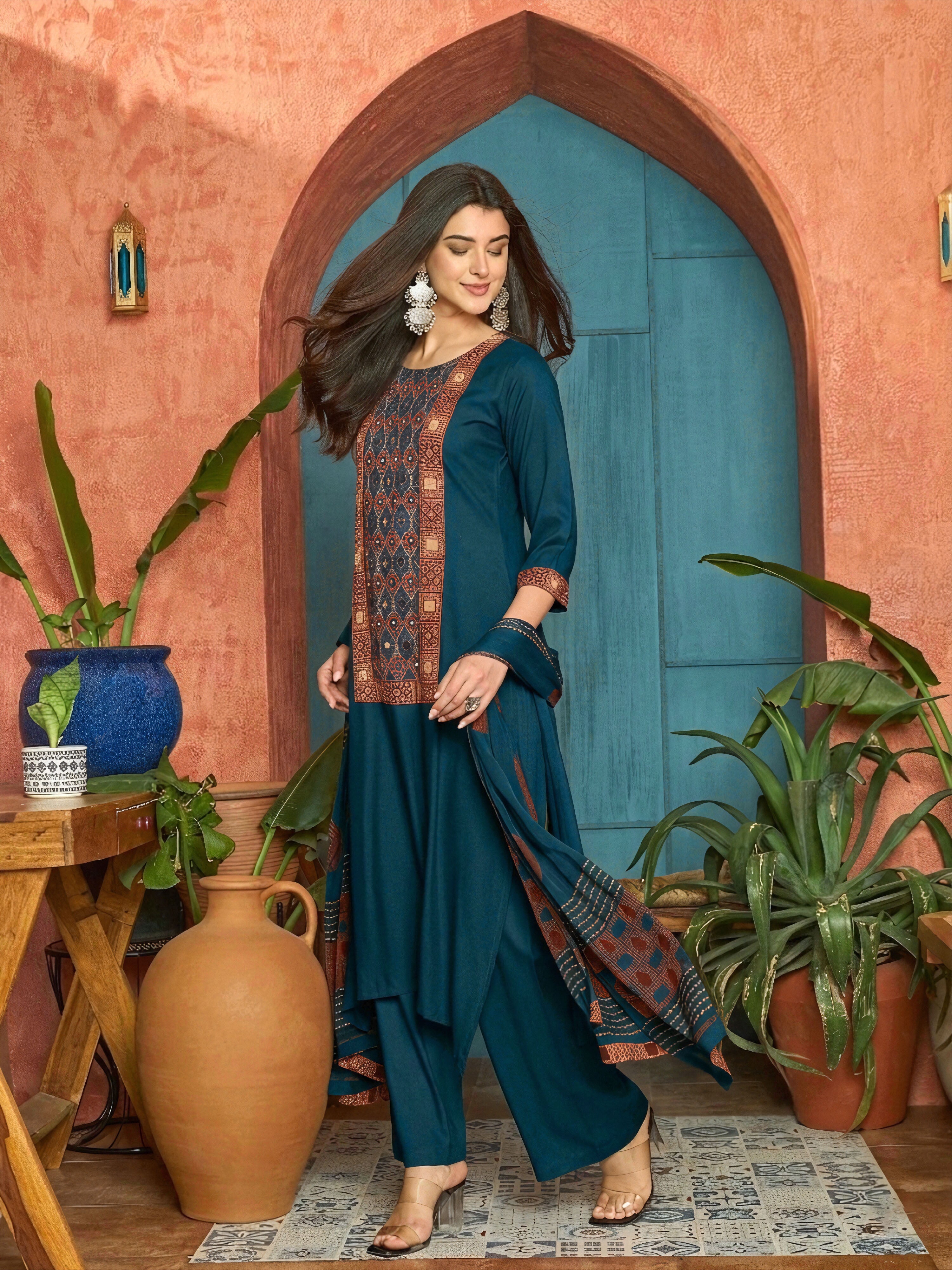 Women's Navy Solid Rayon A-Line Kurta Palazzo Dupatta Set (KPDNAVYKORA