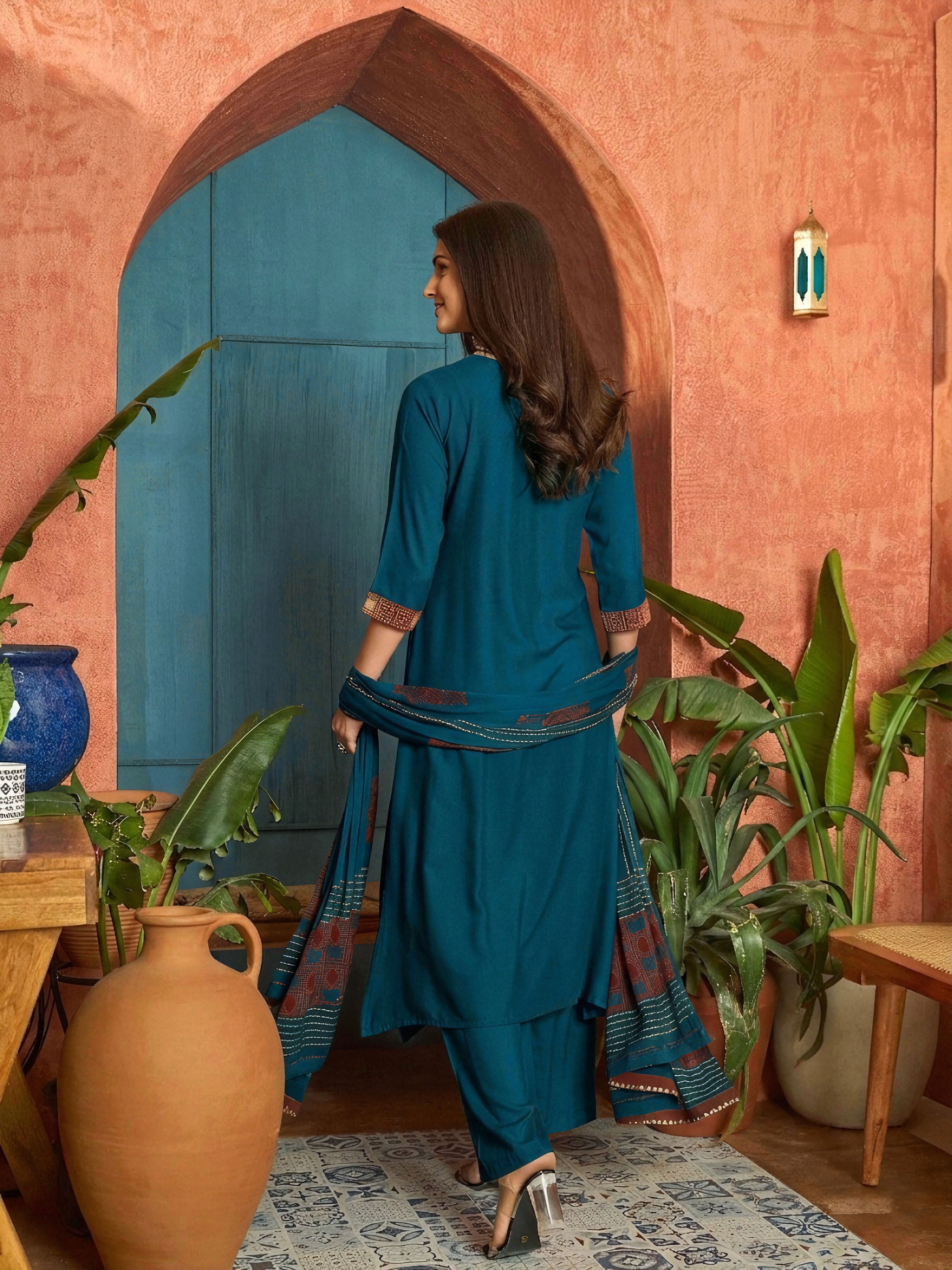 Women's Navy Solid Rayon A-Line Kurta Palazzo Dupatta Set (KPDNAVYKORA