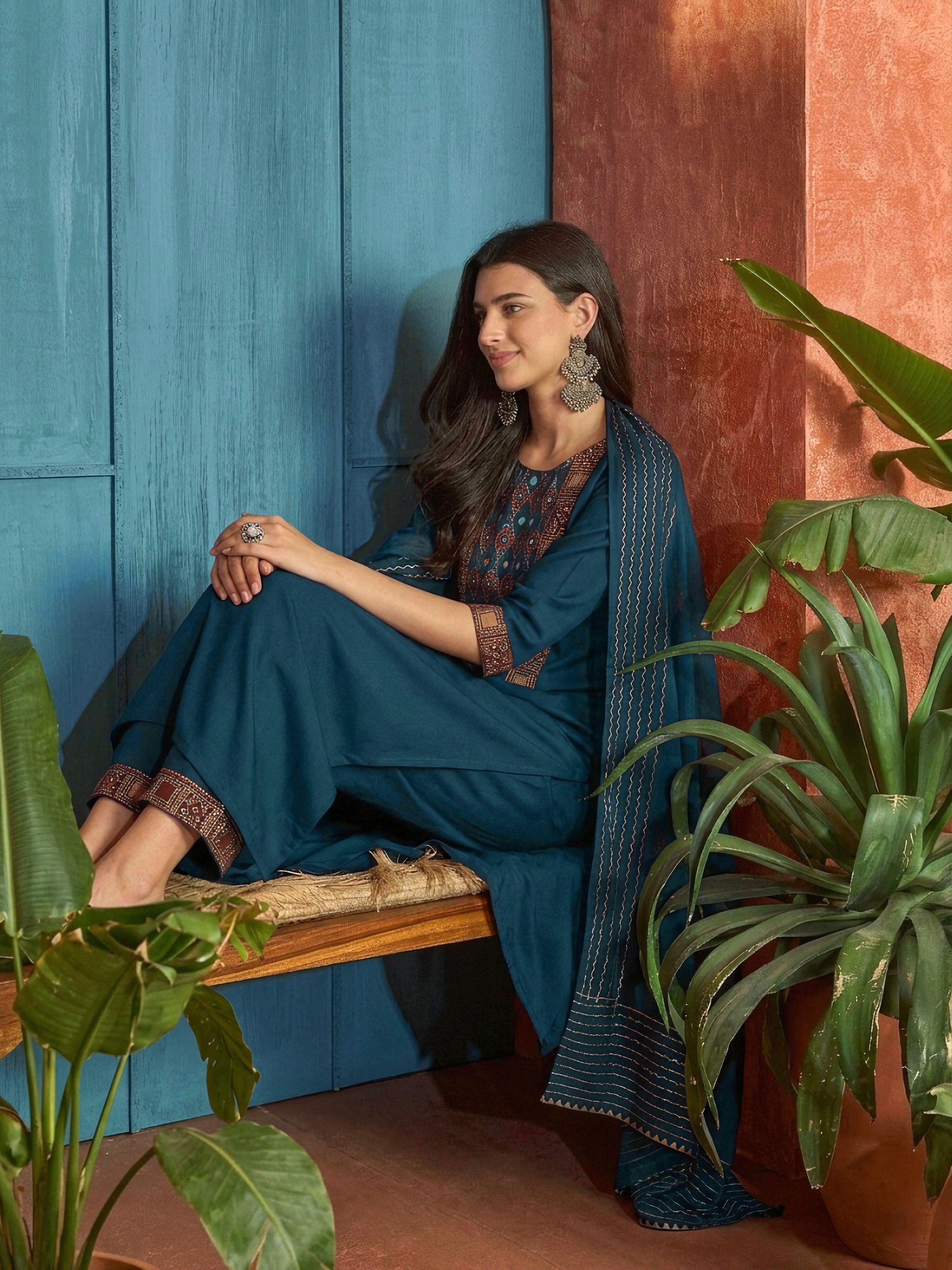 Women's Navy Solid Rayon A-Line Kurta Palazzo Dupatta Set (KPDNAVYKORA