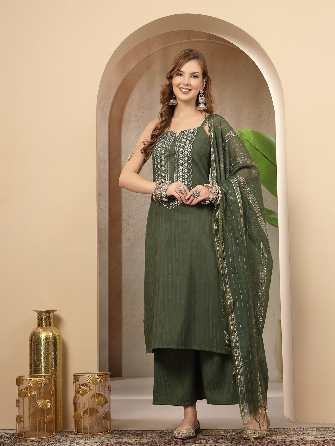 Women's Olive Woven Design & Embroidered Cotton Blend Straight Kurta P