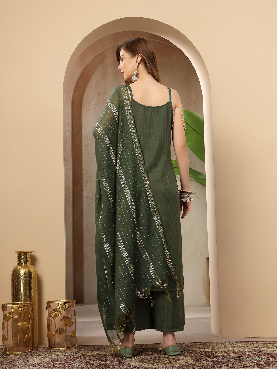 Women's Olive Woven Design & Embroidered Cotton Blend Straight Kurta P