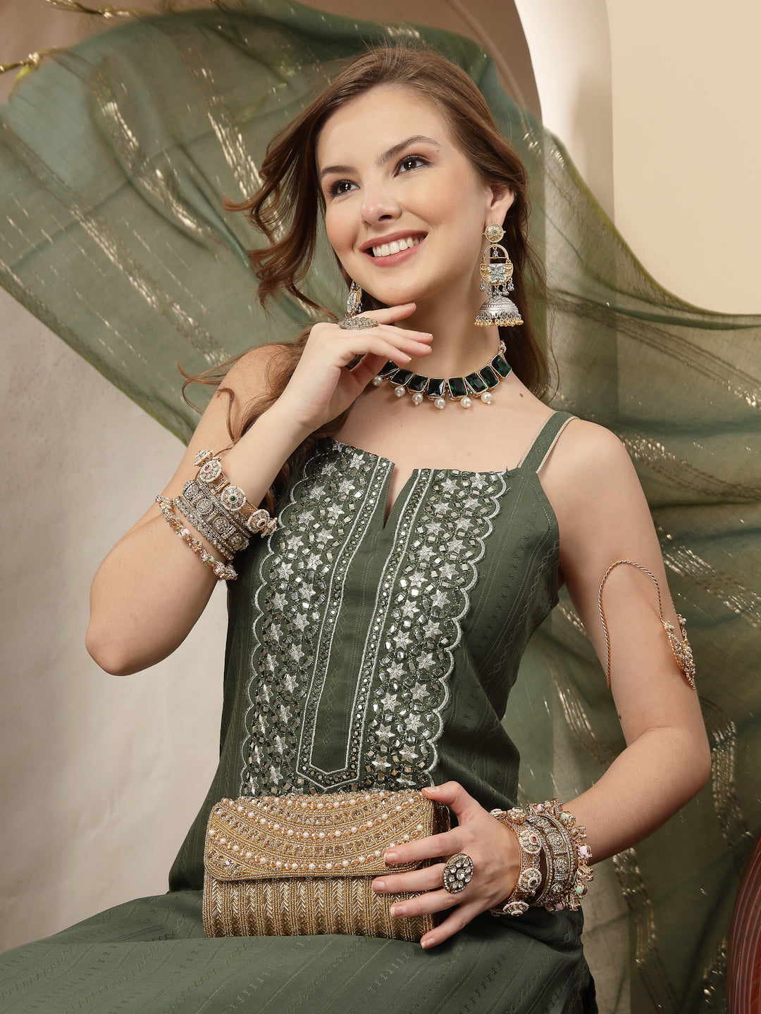 Women's Olive Woven Design & Embroidered Cotton Blend Straight Kurta P