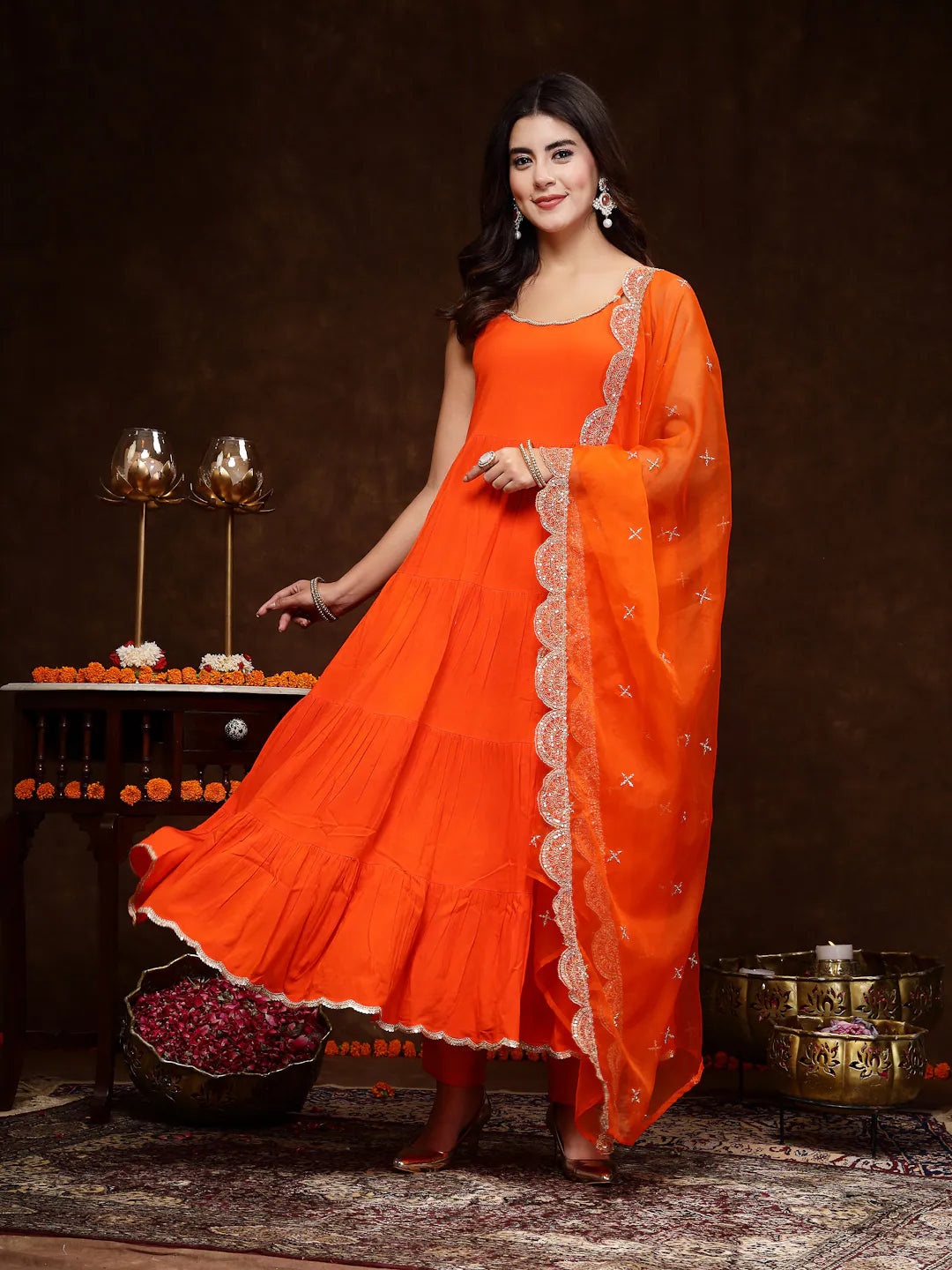 Orange Tiered Kurta Set with Dupatta | Women's Indian Kurta Sets