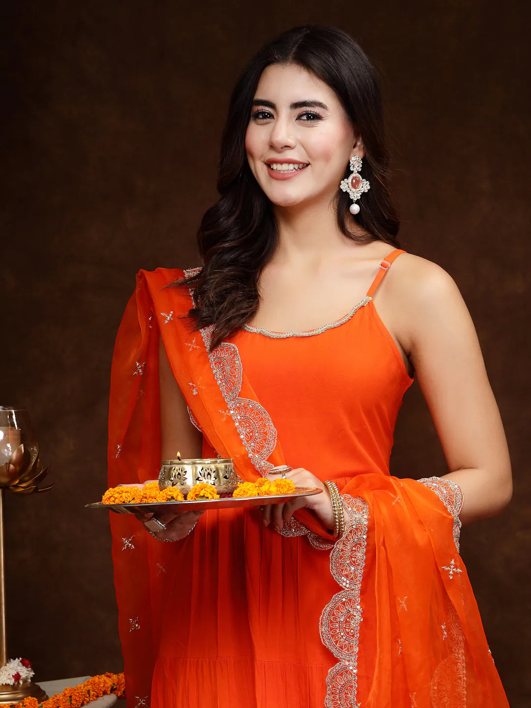Orange Tiered Kurta Set with Dupatta | Women's Indian Kurta Sets
