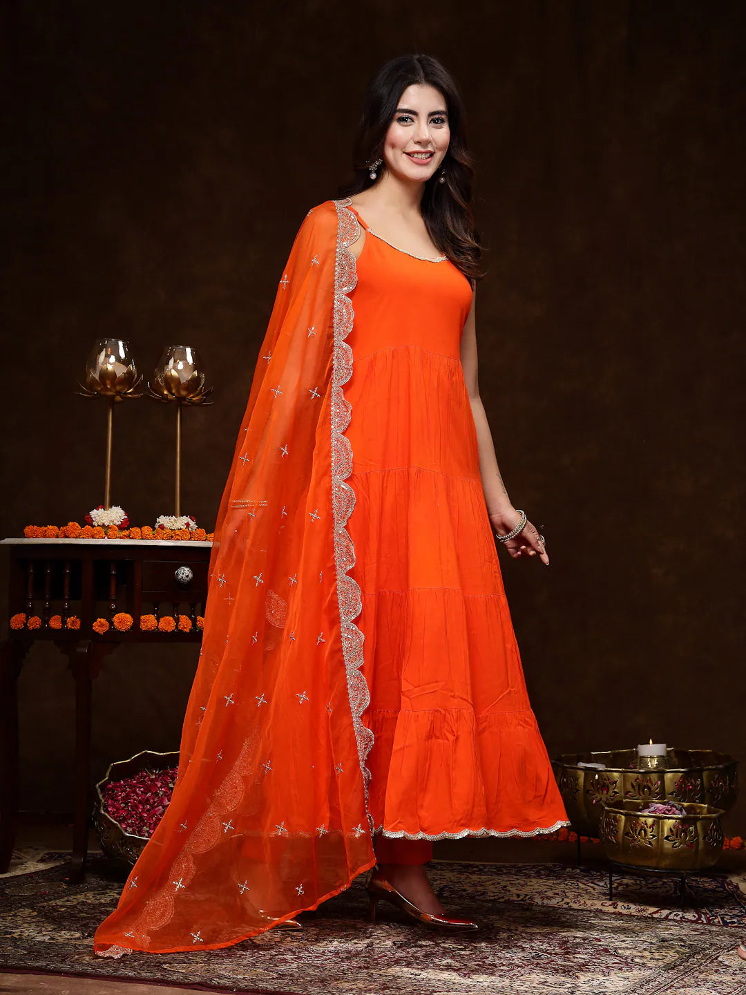 Orange Tiered Kurta Set with Dupatta | Women's Indian Kurta Sets