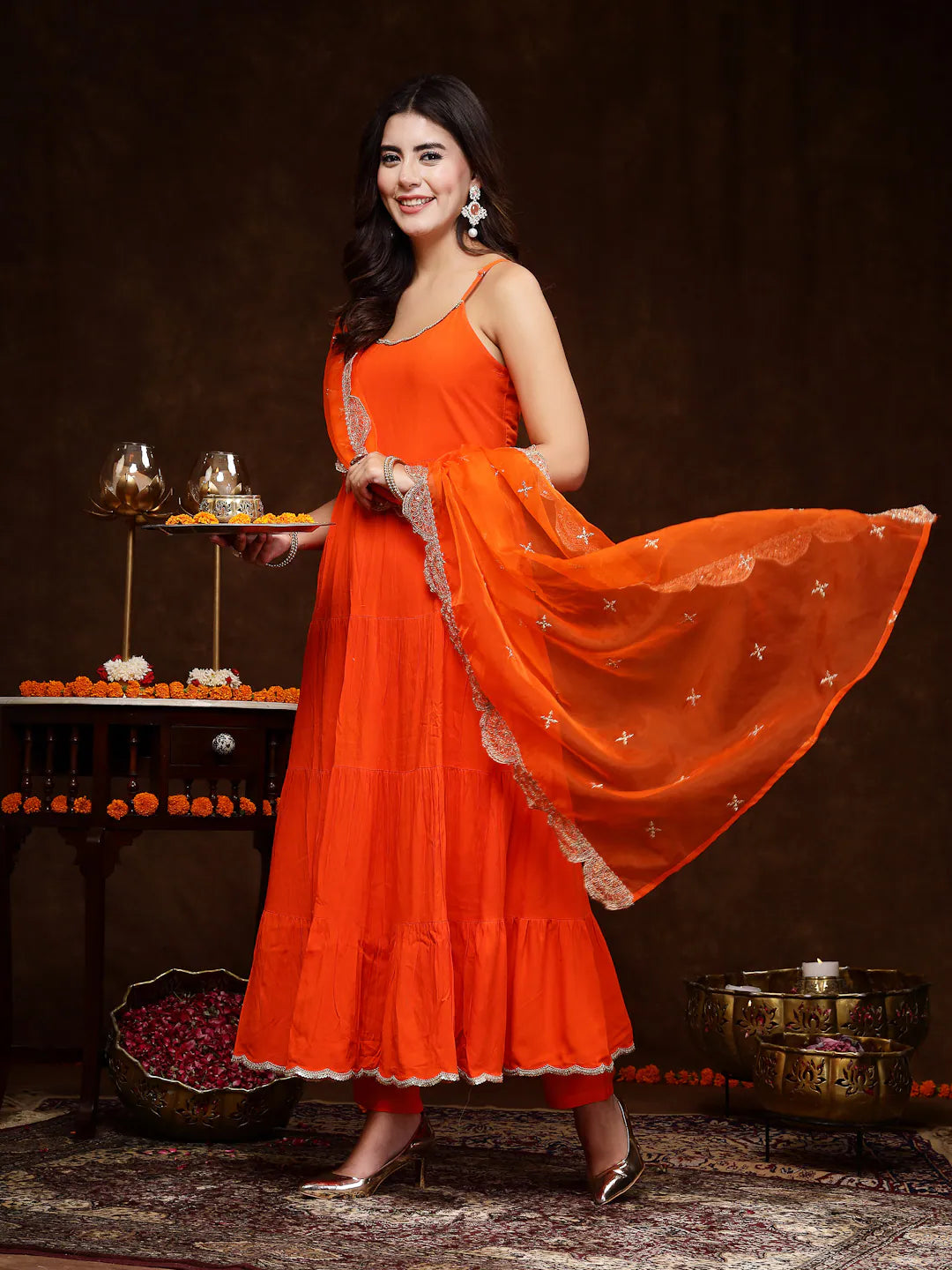 Orange Tiered Kurta Set with Dupatta | Women's Indian Kurta Sets