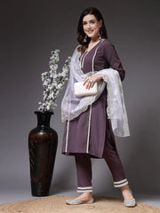Women's Solid & Embellished Silk Crepe Straight Kurta Pant Dupatta Set-KPDPAKIJA