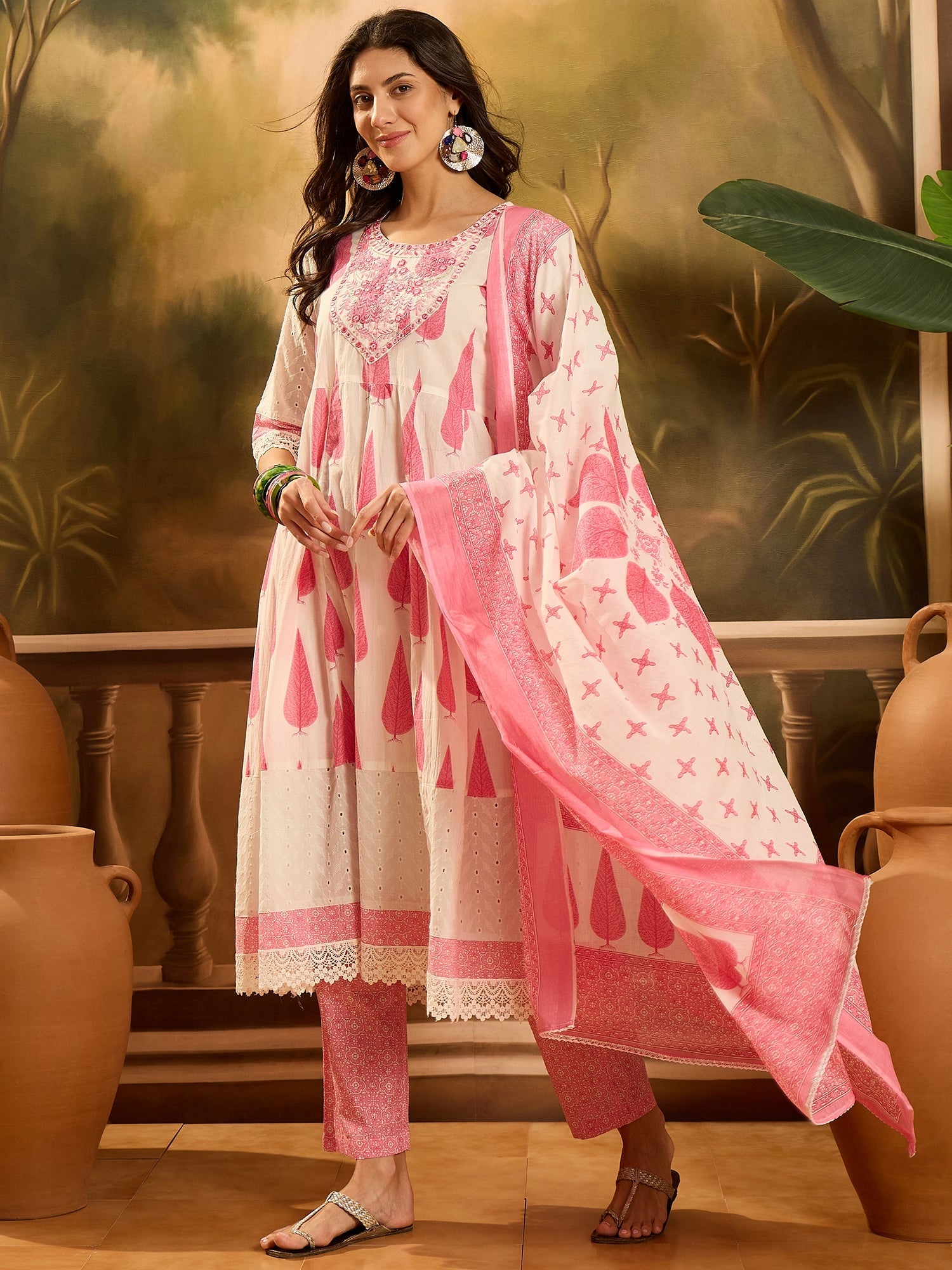 Women's Pink Ethnic Printed Cotton Anarkali Kurta Pant Dupatta Set (KP