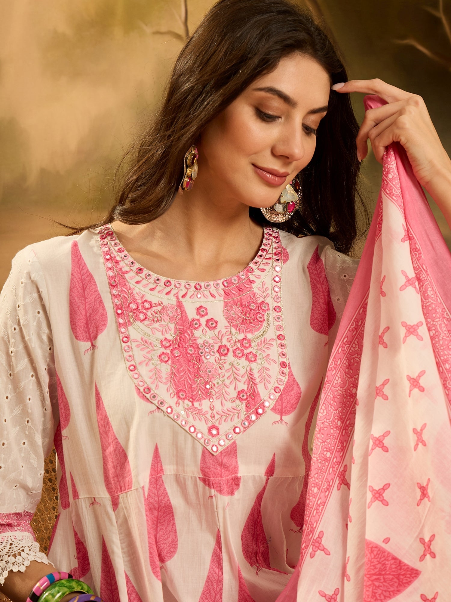 Women's Pink Ethnic Printed Cotton Anarkali Kurta Pant Dupatta Set (KP