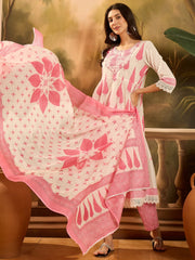 Stylum Women's Pink Ethnic Printed Cotton Anarkali Kurta Pant Dupatta Set (KPDPINKALORA)