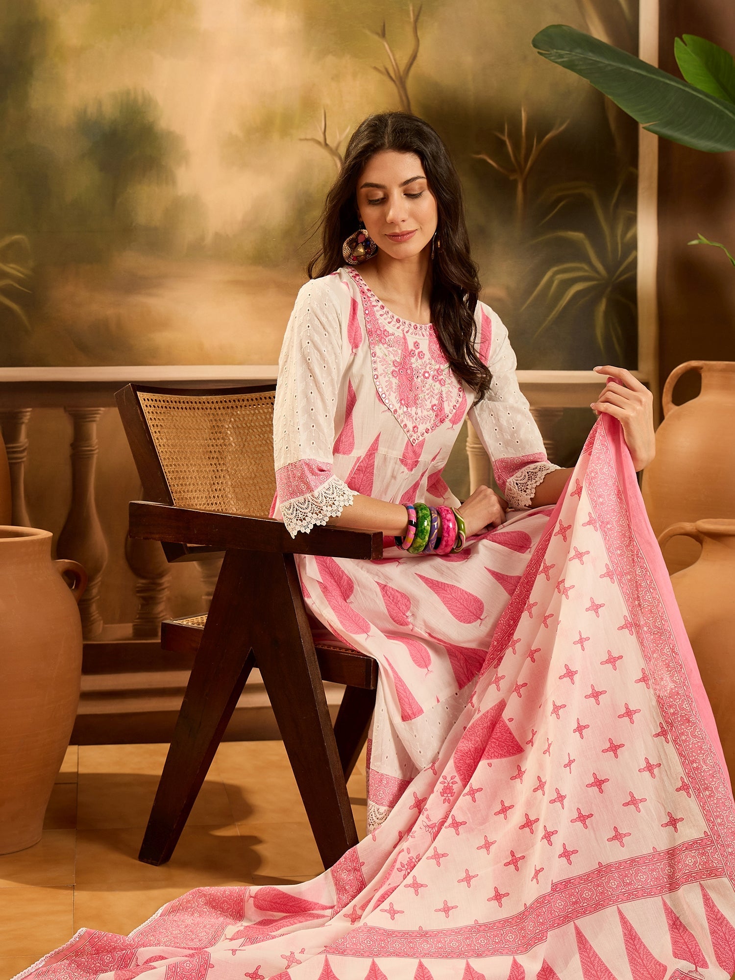 Women's Pink Ethnic Printed Cotton Anarkali Kurta Pant Dupatta Set (KP
