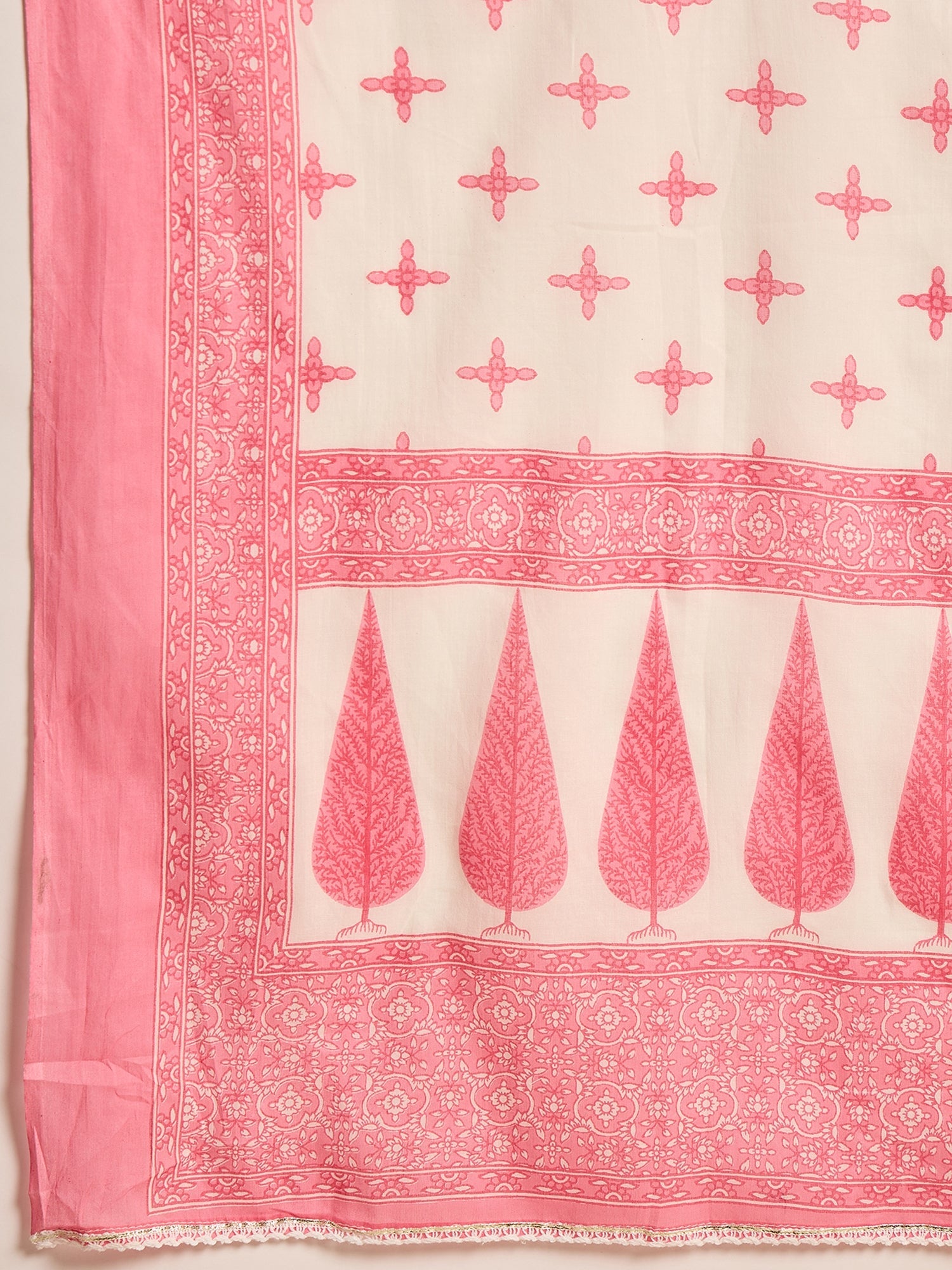 Women's Pink Ethnic Printed Cotton Anarkali Kurta Pant Dupatta Set (KP